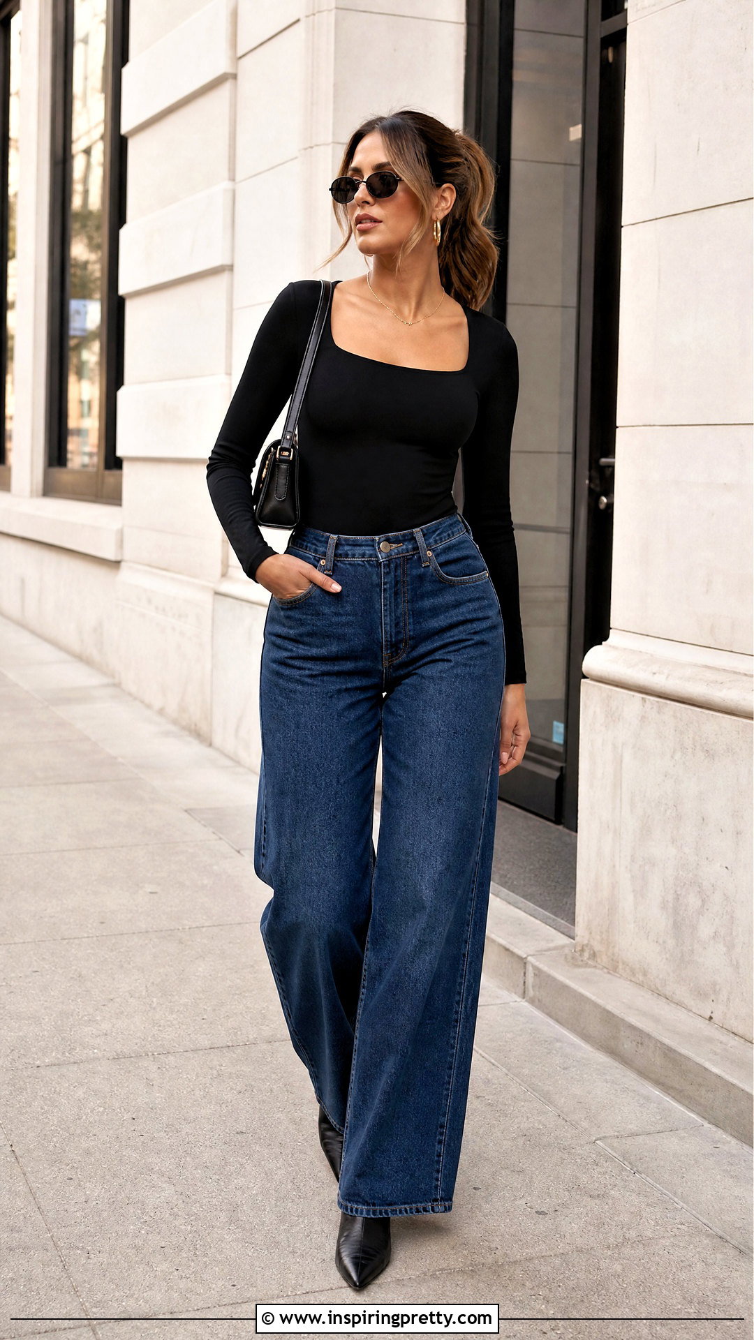 Black Long Sleeve Top With Wide Leg Jeans - 25 Long Sleeve Dress Tops outfit ideas
