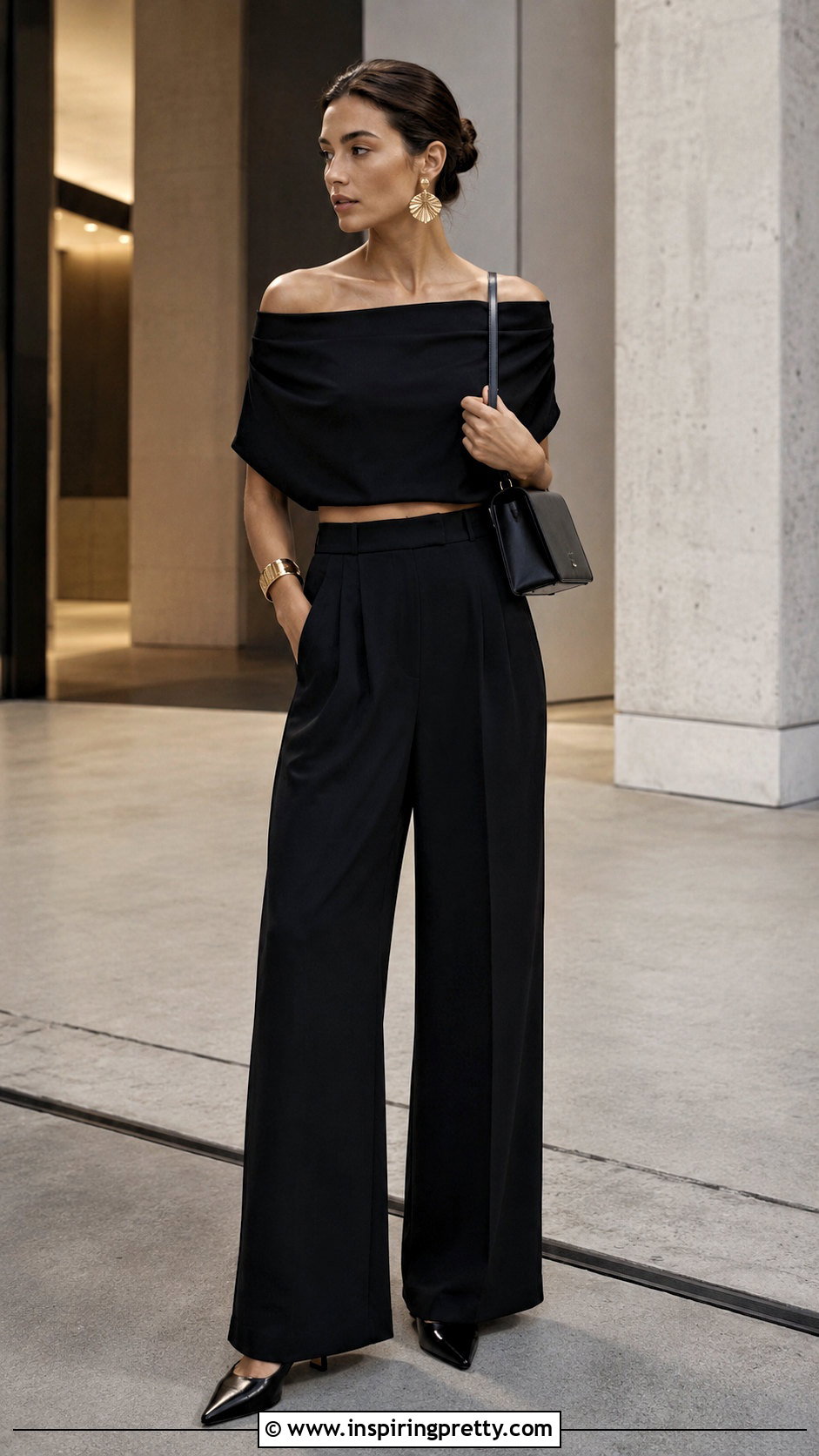 Black Loose Off Shoulder Crop Top With Wide Leg Trousers - 25 loose off shoulder crop top outfit ideas