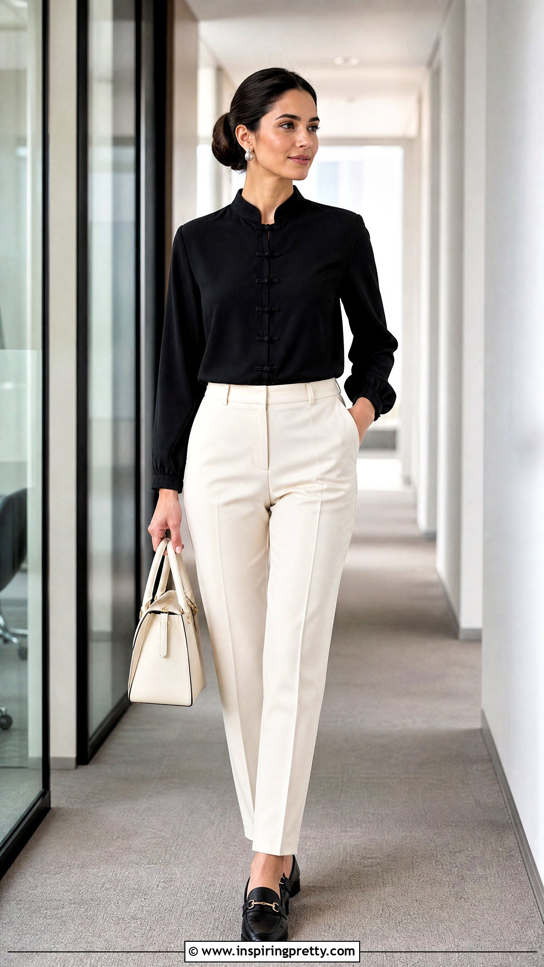 Black Mandarin Collar Top With Ivory Trousers - 50 chinese top outfit ideas