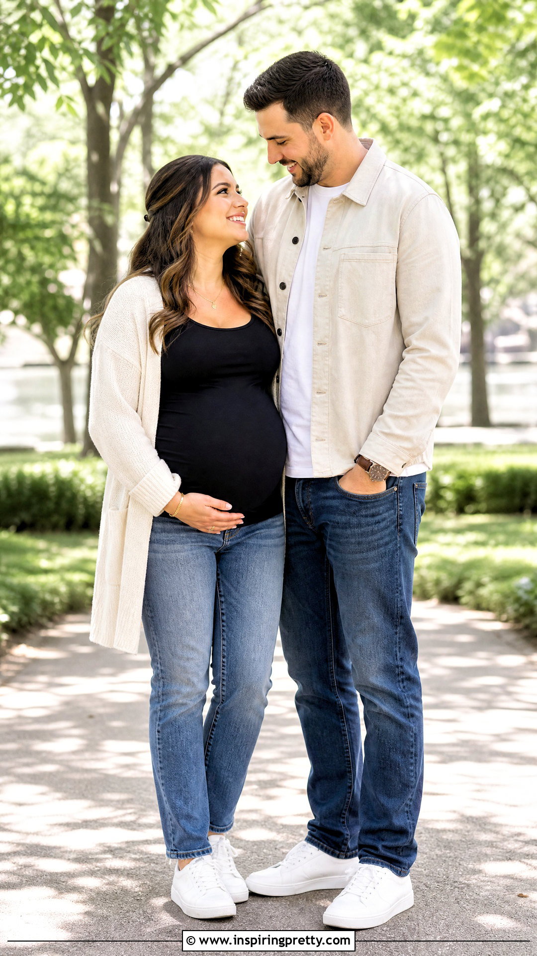 Black Maternity Top And Straight Jeans Engagement Outfit - 25 black top and jeans engagement photos
