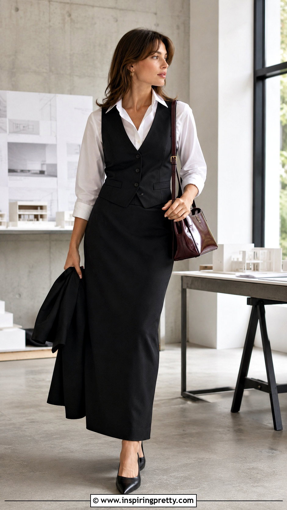 Black Maxi Skirt And Tailored Vest Top - 20 Professional Skirt And Top outfit ideas