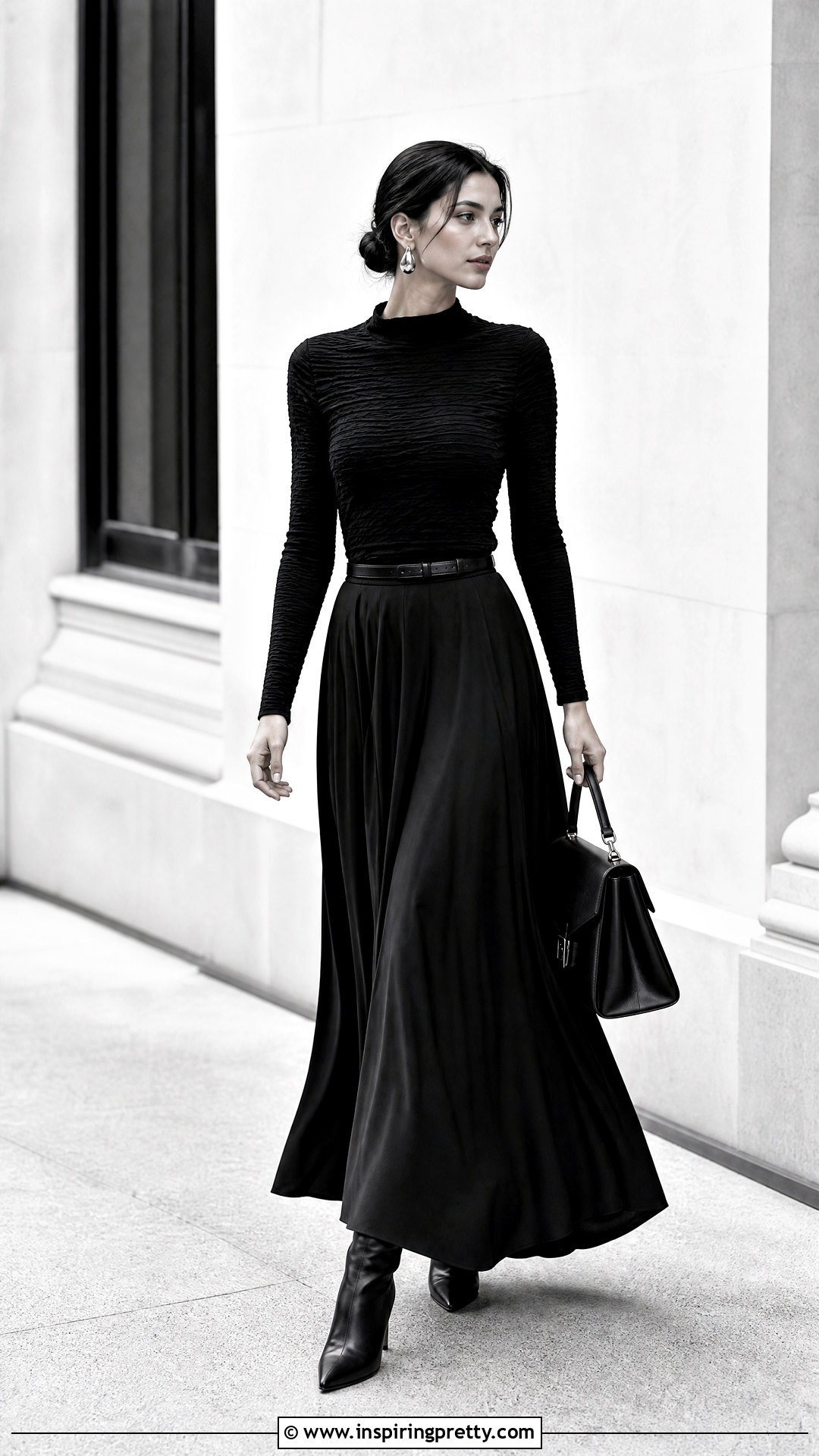 Black Maxi Skirt With Black Top And Pointed Boots - 50 top skirt outfit ideas