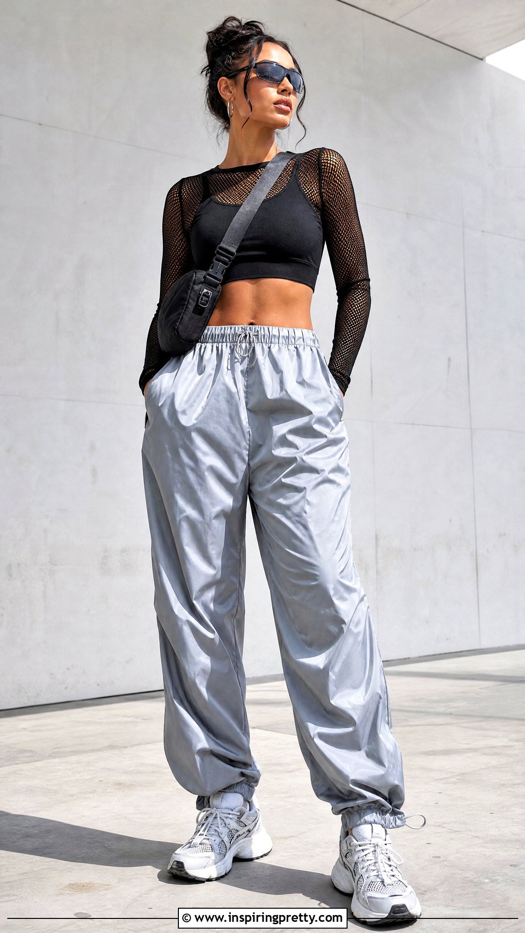 Black Mesh Athletic Top With Parachute Pants - 20 Black Mesh Athletic Top outfit ideas