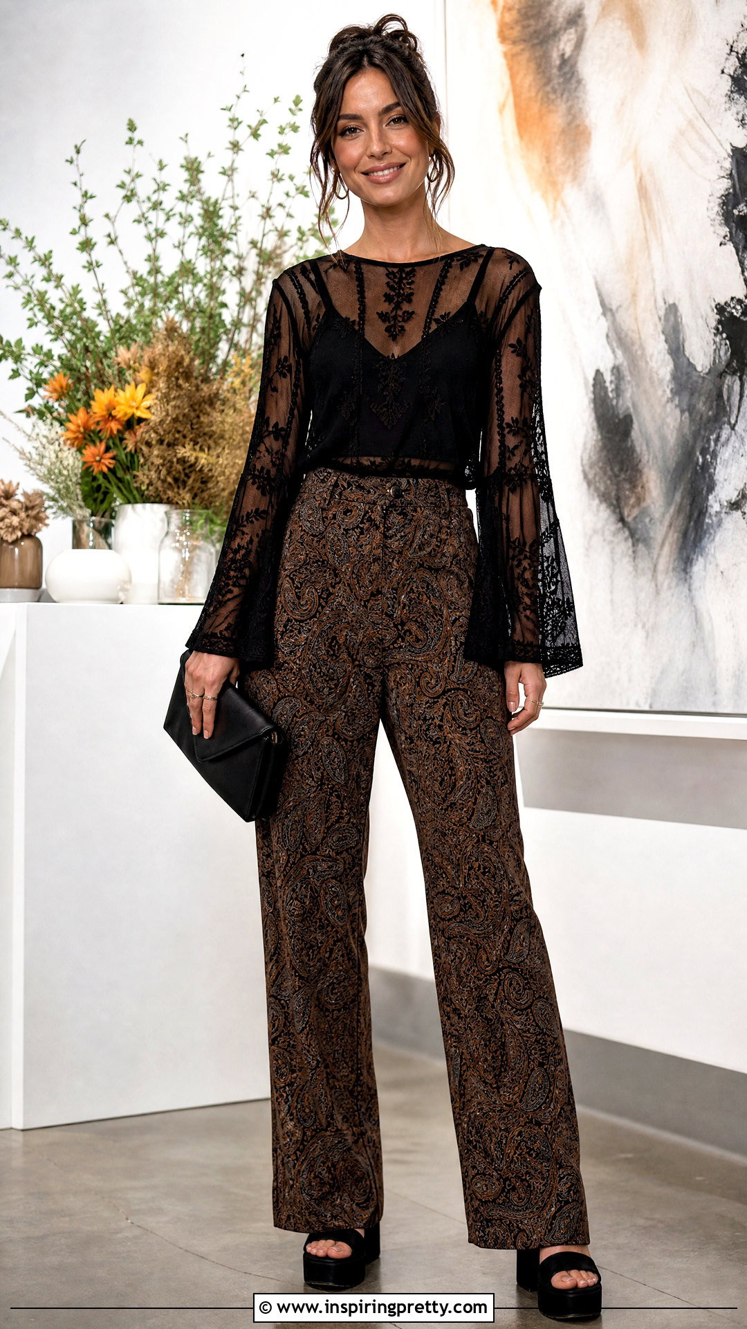 Black Mesh Boho Going Out Top With Printed Pants - 25 boho going out tops outfit ideas