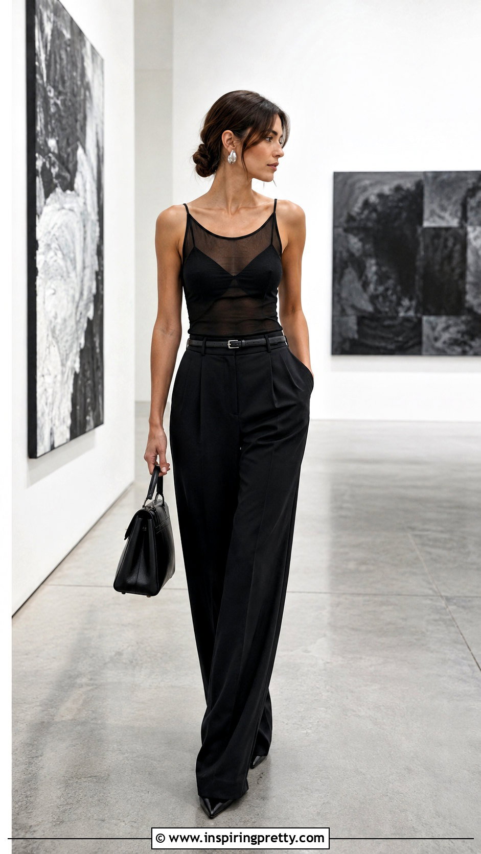 Black Mesh Camisole Top With Black Trousers - 25 Mesh Camisole Top outfit ideas