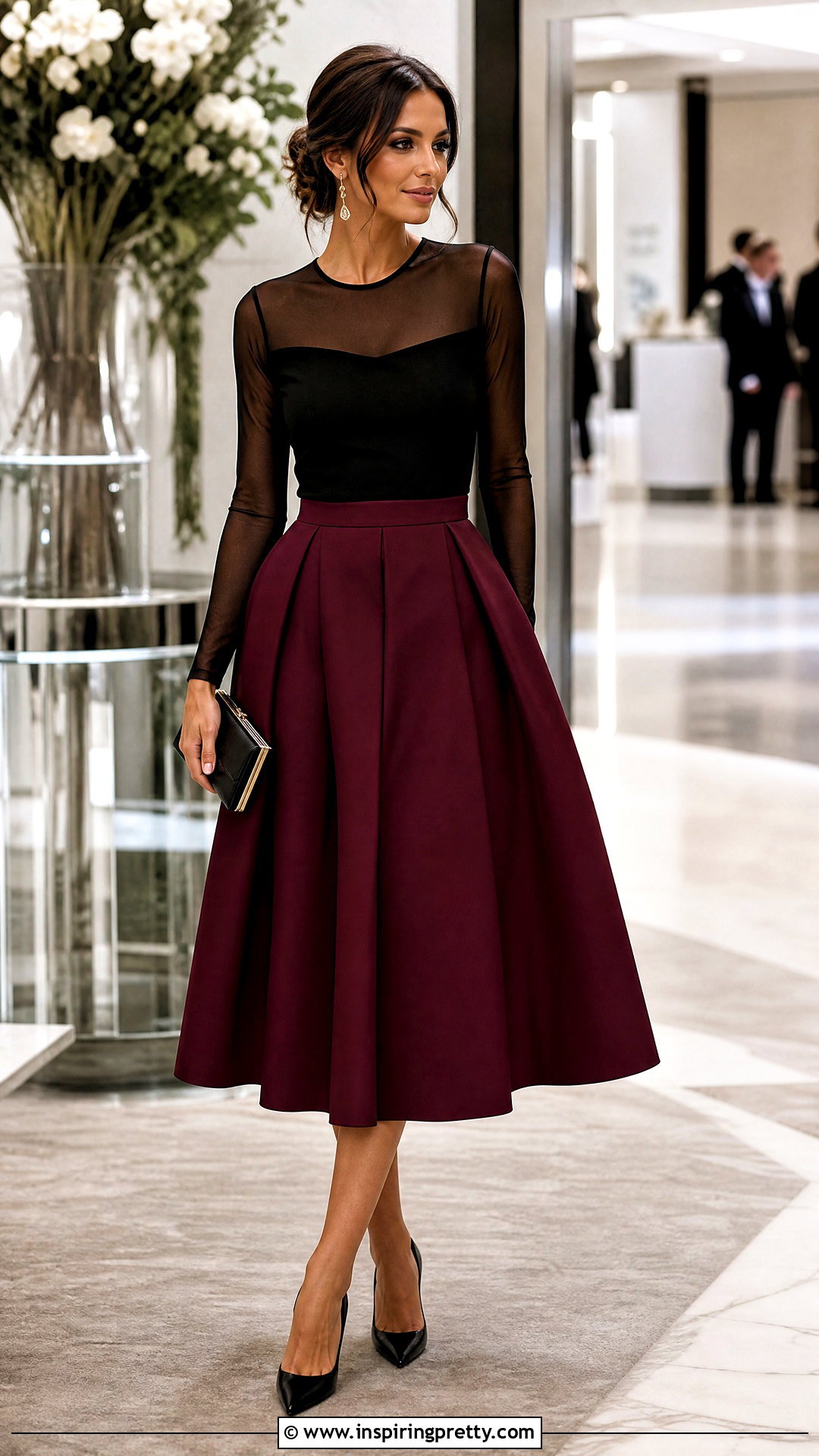 Black Mesh Layered Top And A Line Midi Skirt Outfit - 50 black top and skirt outfits