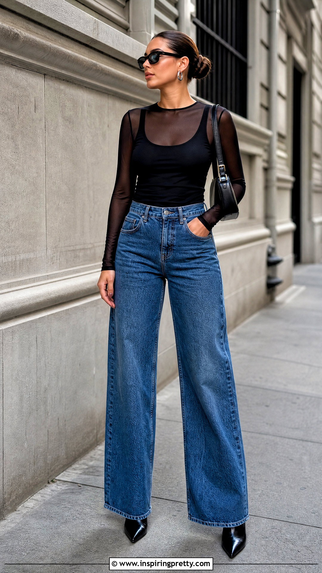 Black Mesh Long Sleeve Layering Top With Wide Leg Jeans - 20 Mesh Long Sleeve Layering Top outfit ideas