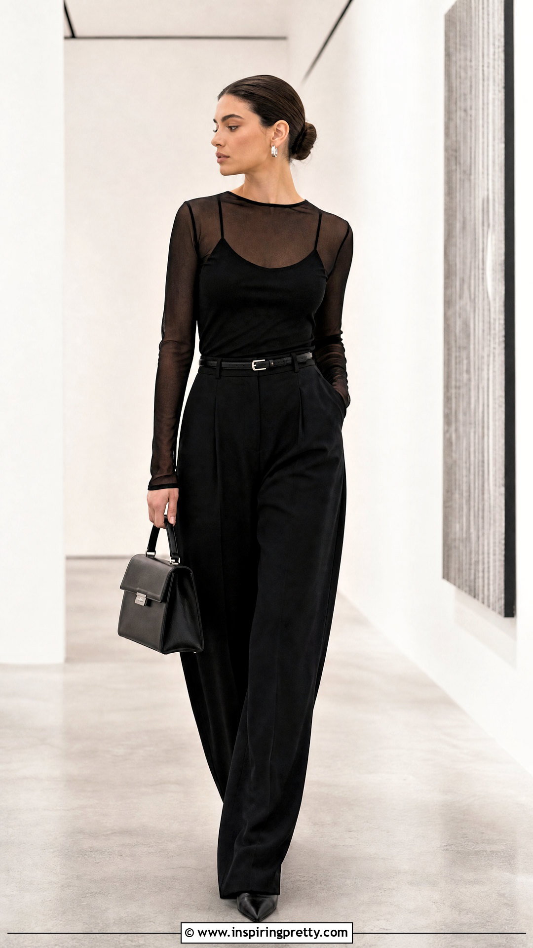 Black Mesh Long Sleeve Top With Monochrome Separates - 50 mesh long sleeve top outfit ideas