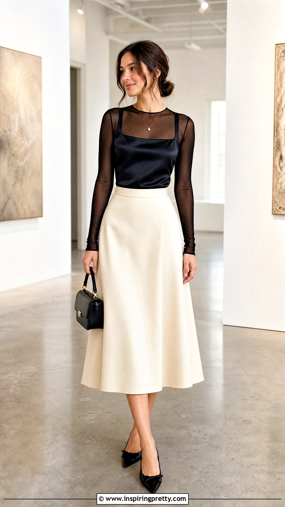 Black Mesh Top Under A Camisole And Midi Skirt - 50 black mesh top outfit ideas