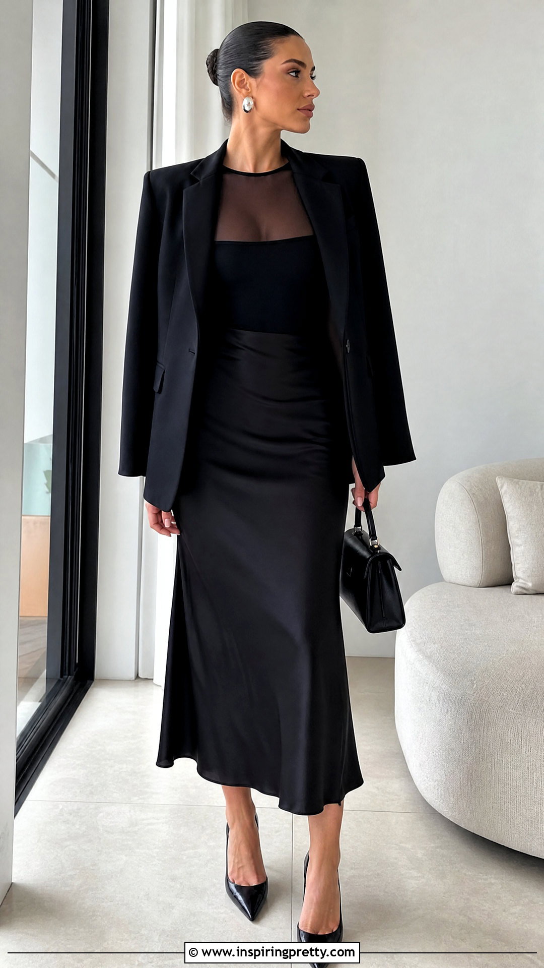 Black Mesh Top With Black Satin Skirt - 50 mesh top outfit classy ideas