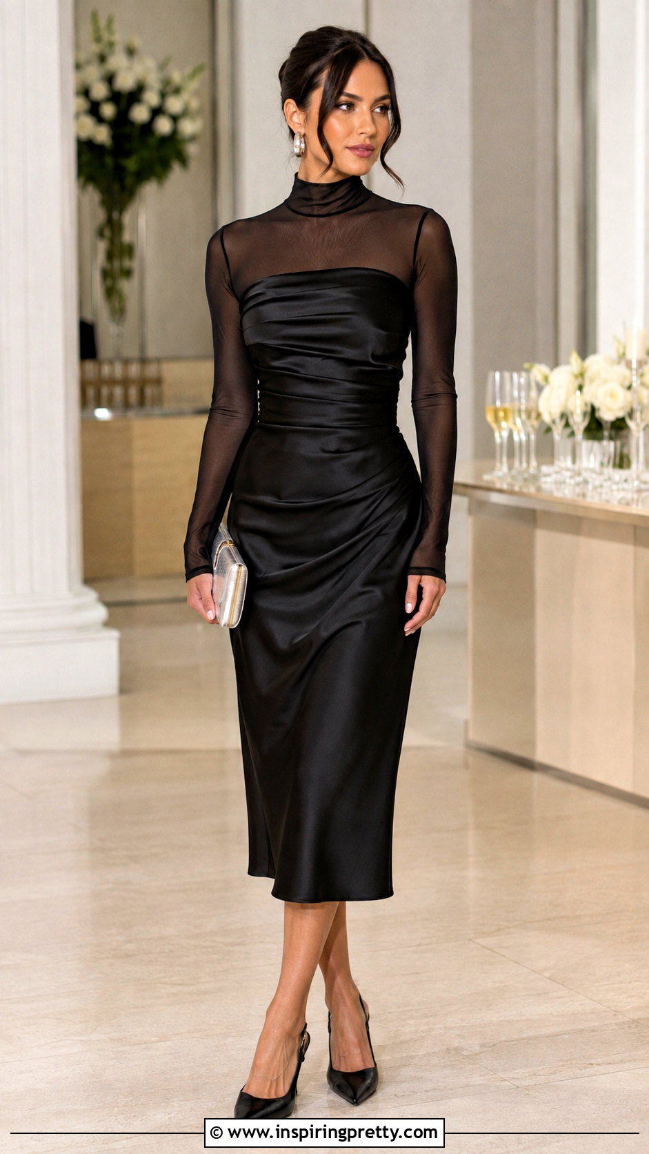 Black Mesh Top With Black Satin Strapless Dress - 25 mesh top under strapless dress outfit ideas