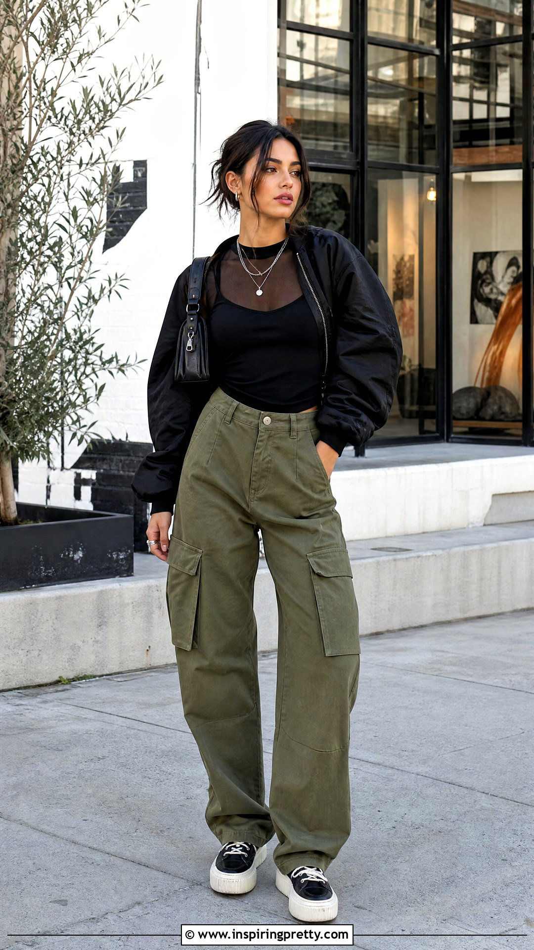Black Mesh Top With Cargo Pants - 50 black top outfit ideas