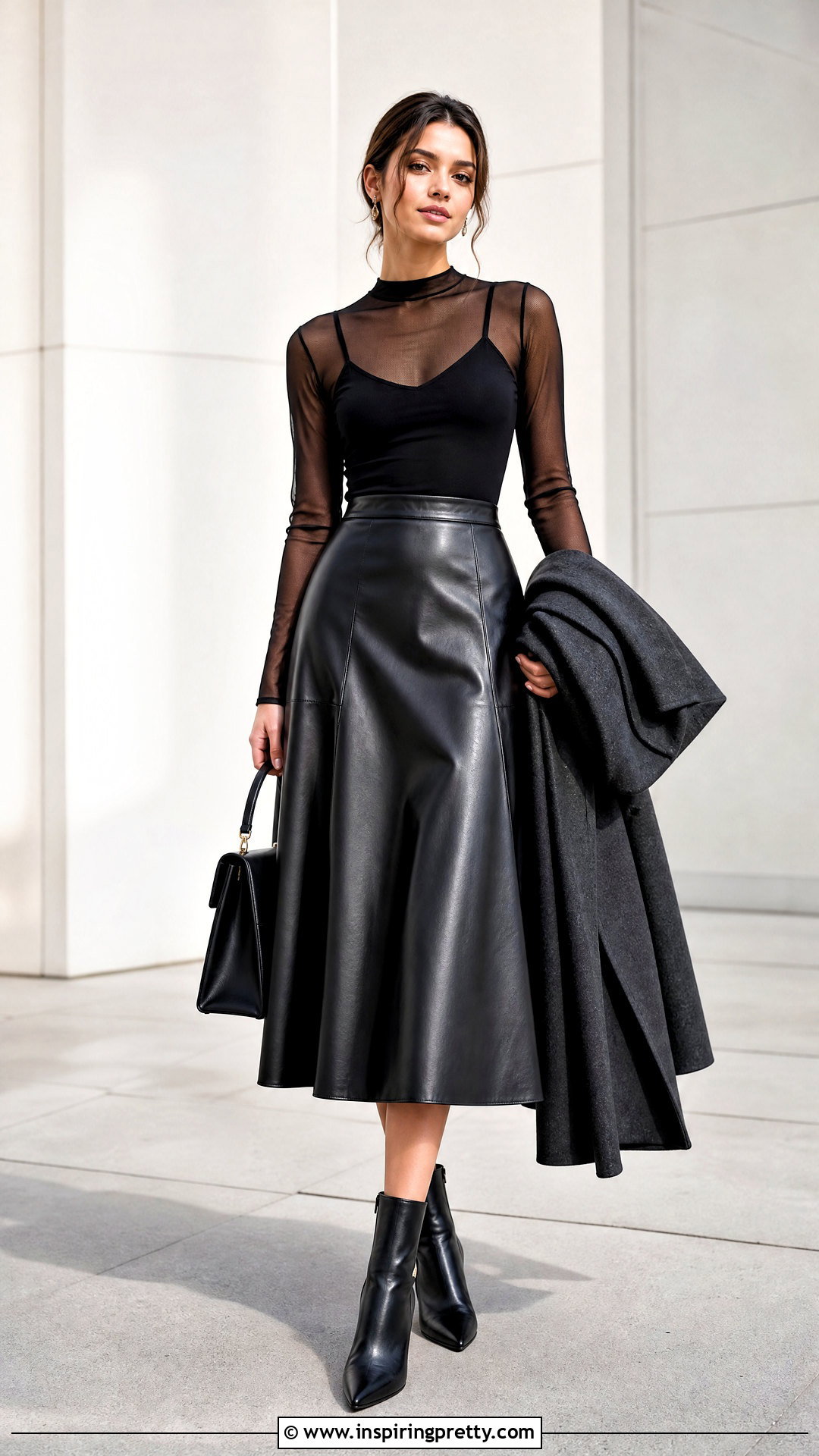 Black Mesh Top With Faux Leather Midi Skirt - 50 black mesh top outfit ideas