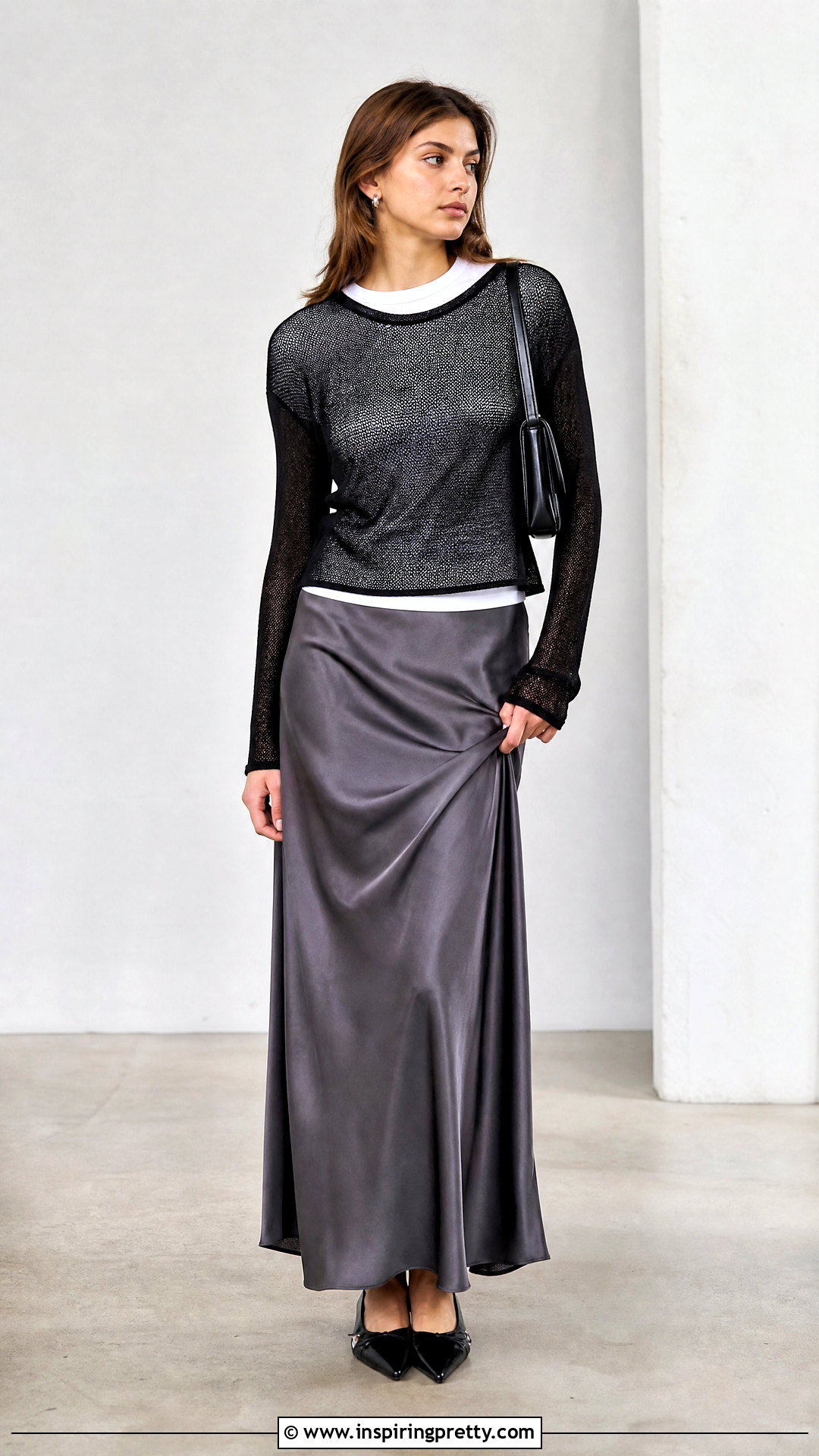 Black Mesh Top With Fitted T Shirt And Slip Skirt - What To Wear Under Black Mesh Top (20 Ways)