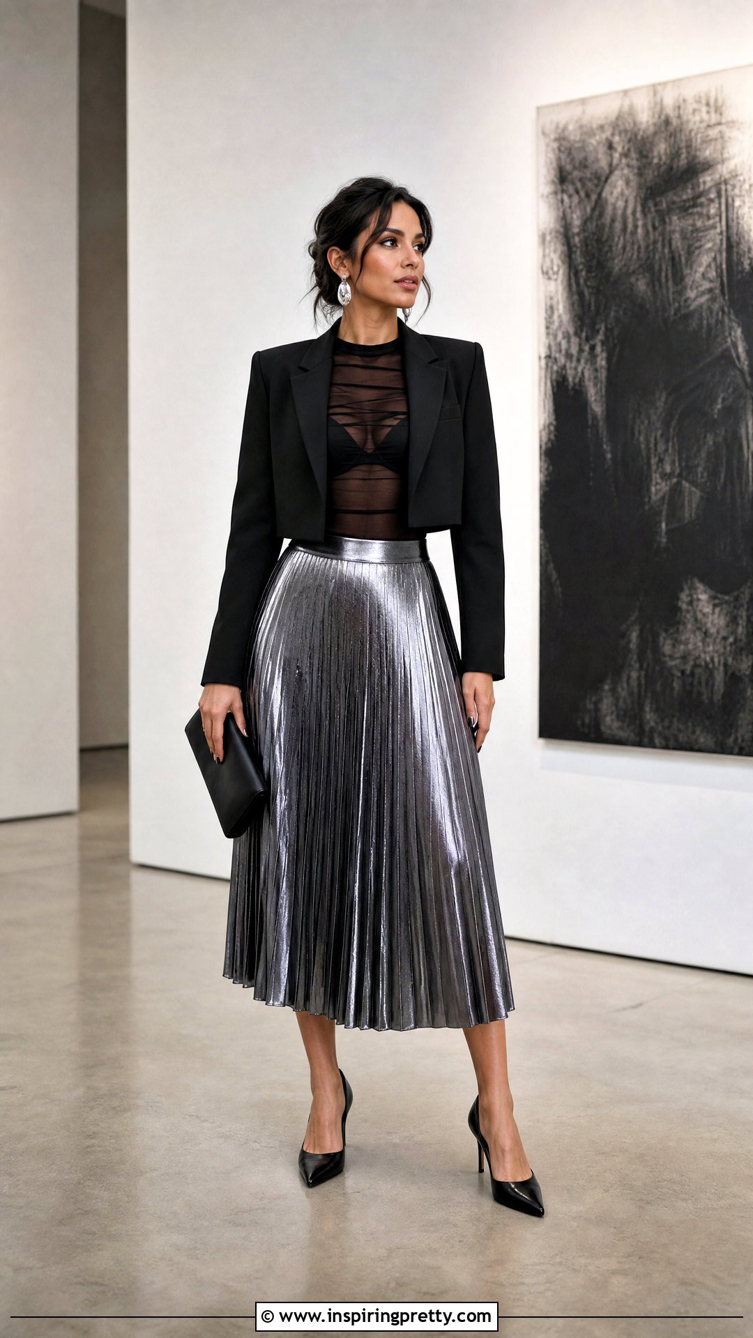 Black Mesh Top With Metallic Midi Skirt - 50 black mesh top outfit ideas