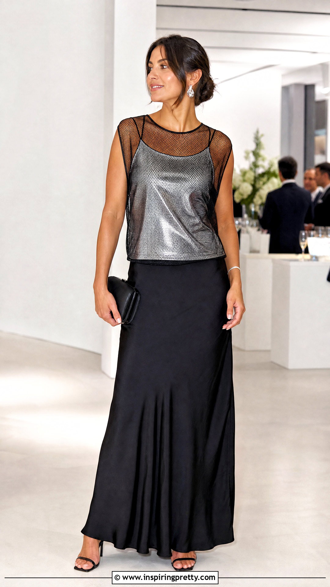 Black Mesh Top With Metallic Tank And Maxi Skirt - What To Wear Under Black Mesh Top (20 Ways)