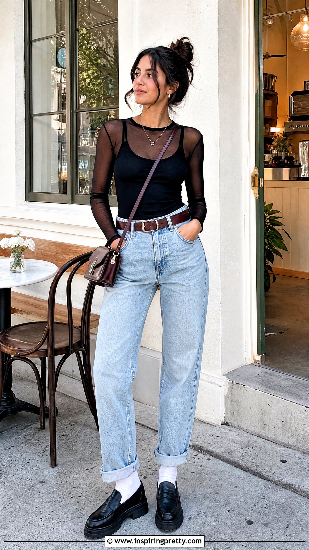 Black Mesh Top With Mom Jeans And Loafers - 50 black mesh top outfit ideas