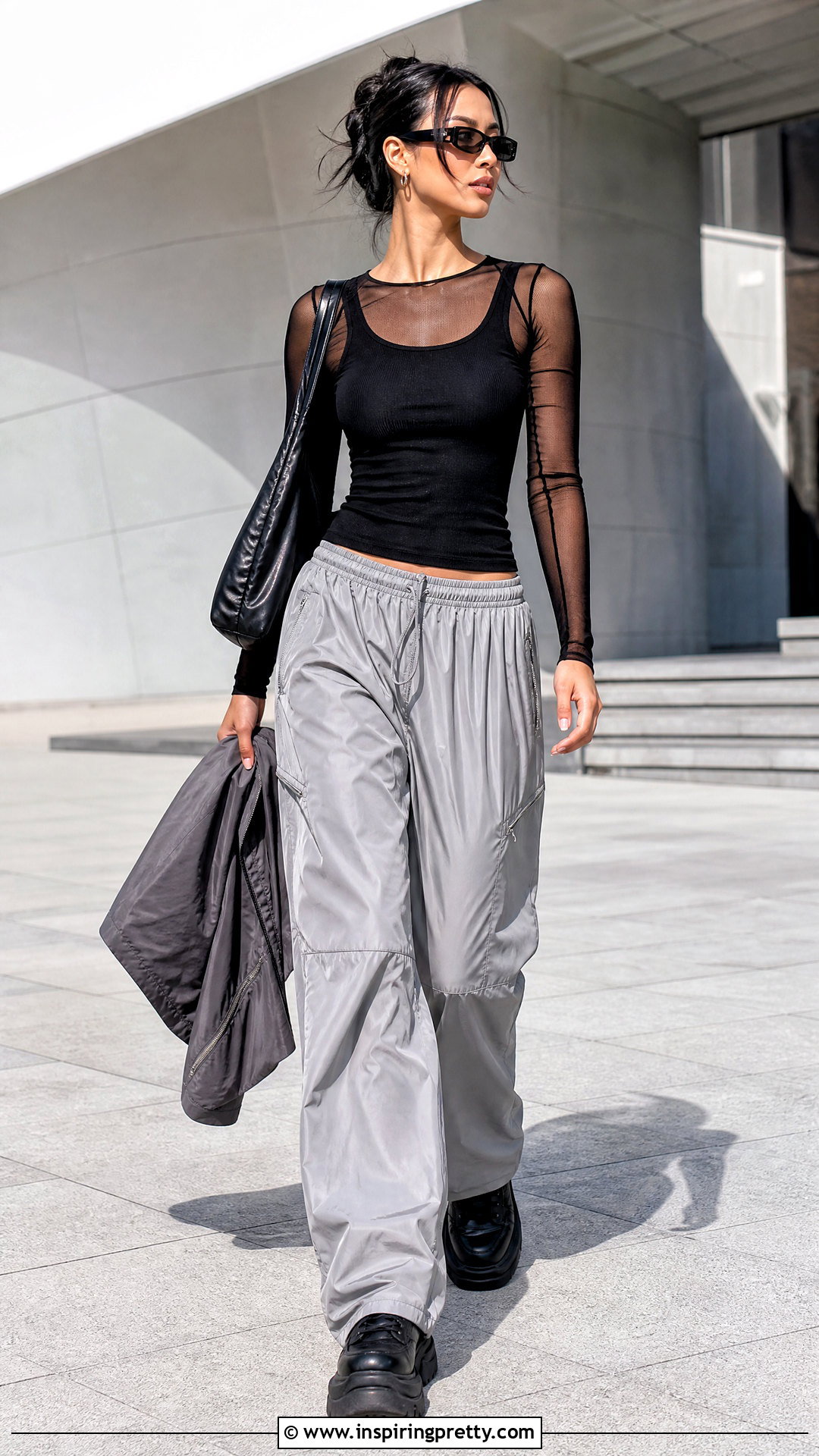 Black Mesh Top With Parachute Pants - 50 black mesh top outfit ideas