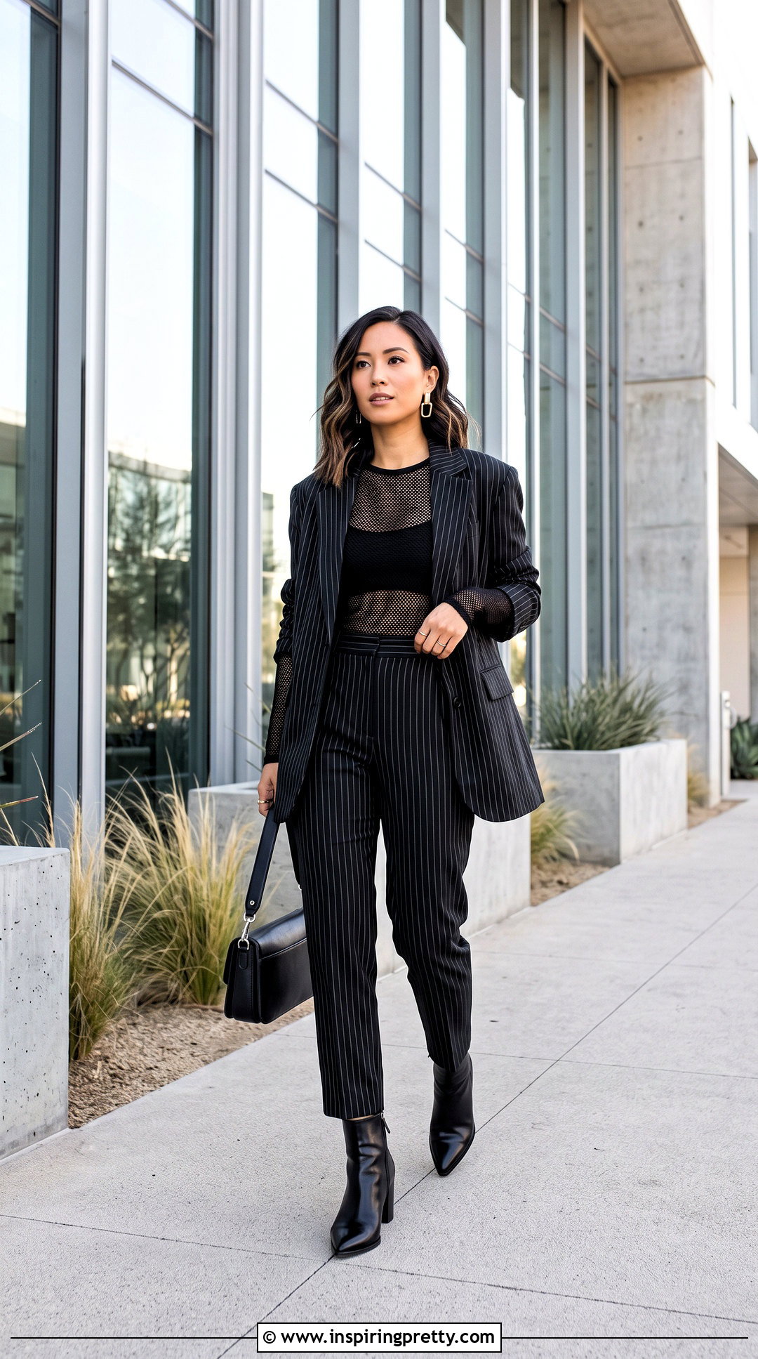 Black Mesh Top With Pinstripe Trousers - 50 black mesh top outfit ideas