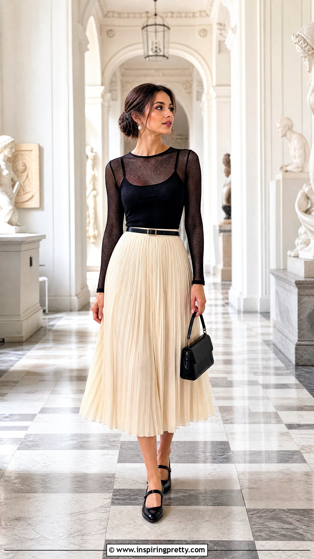 Black Mesh Top With Pleated Midi Skirt - 50 black mesh top outfit ideas