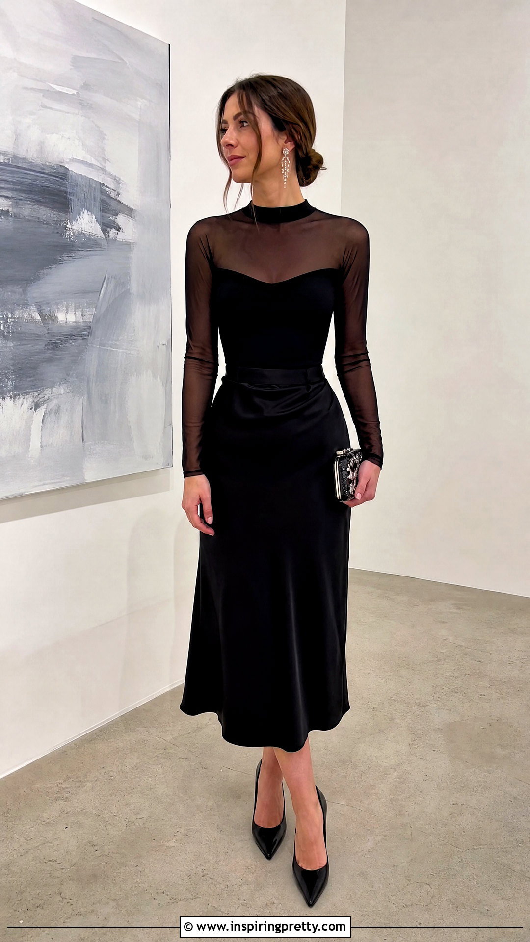 Black Mesh Top With Satin Skirt - 50 fancy top outfit ideas