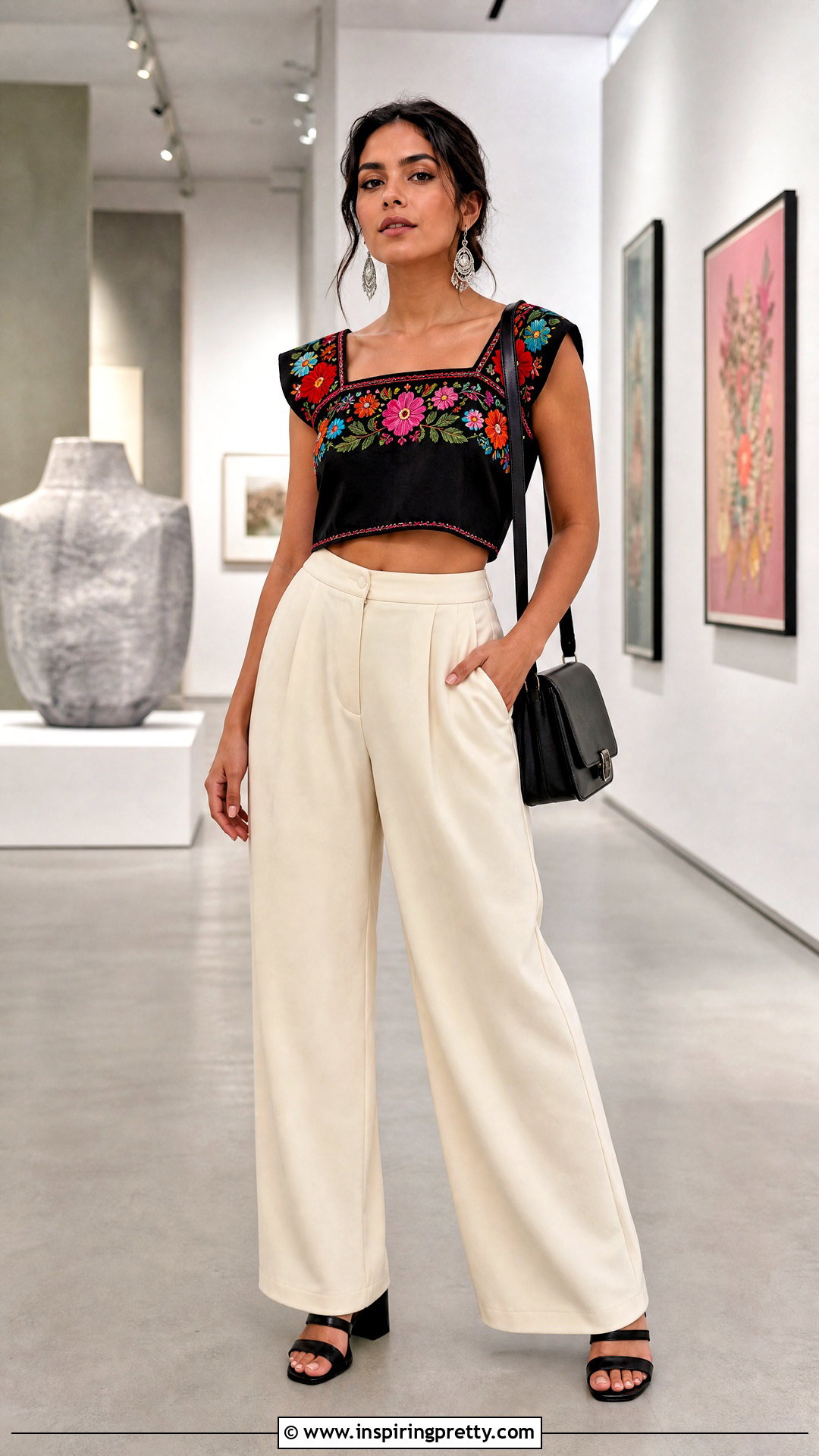 Black Mexican Crop Top With Wide Leg Pants - 20 Mexican Style Crop Top outfit ideas