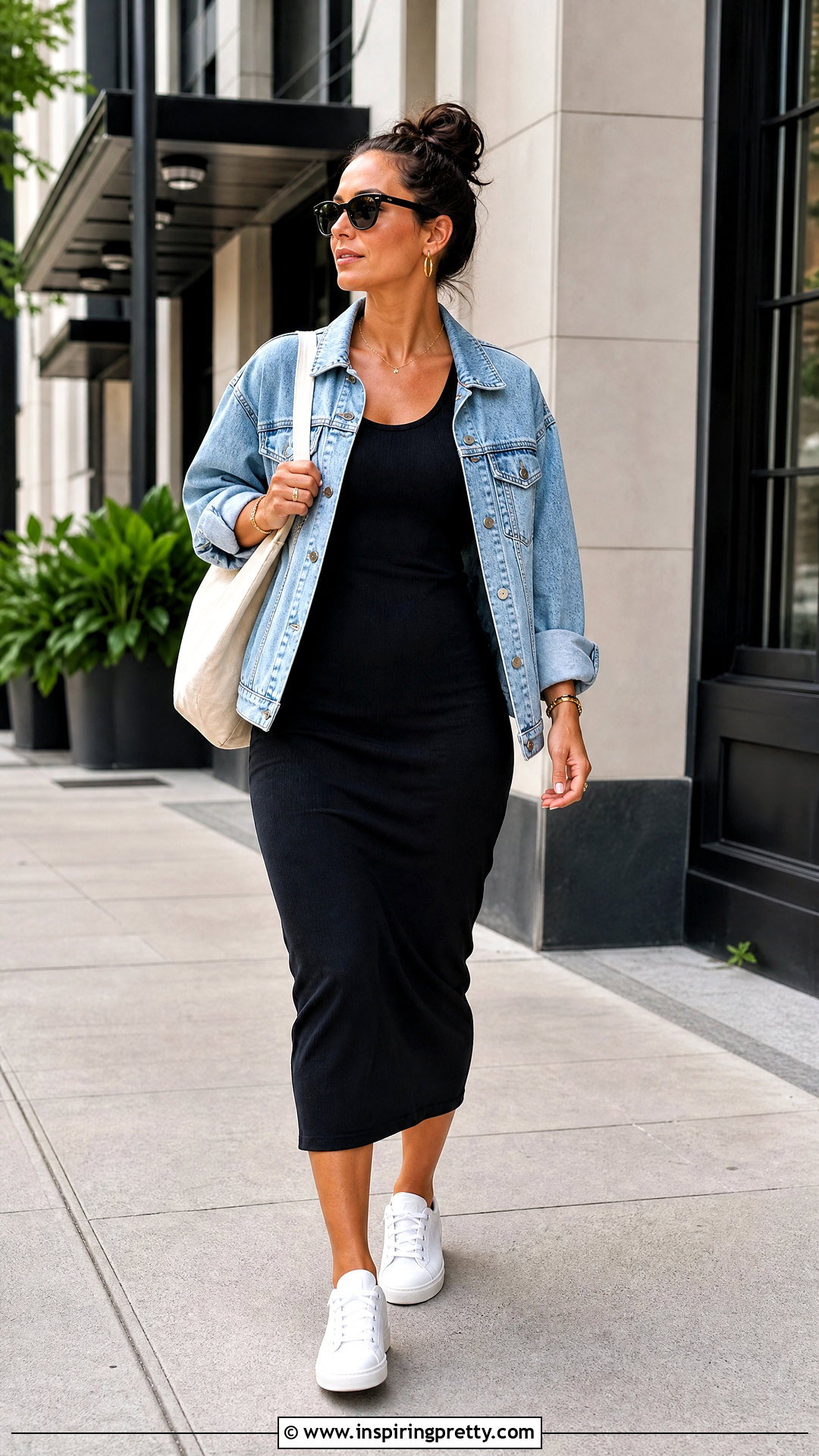 Black Midi Tank Dress With White Sneakers - 50 tank top dress outfit ideas