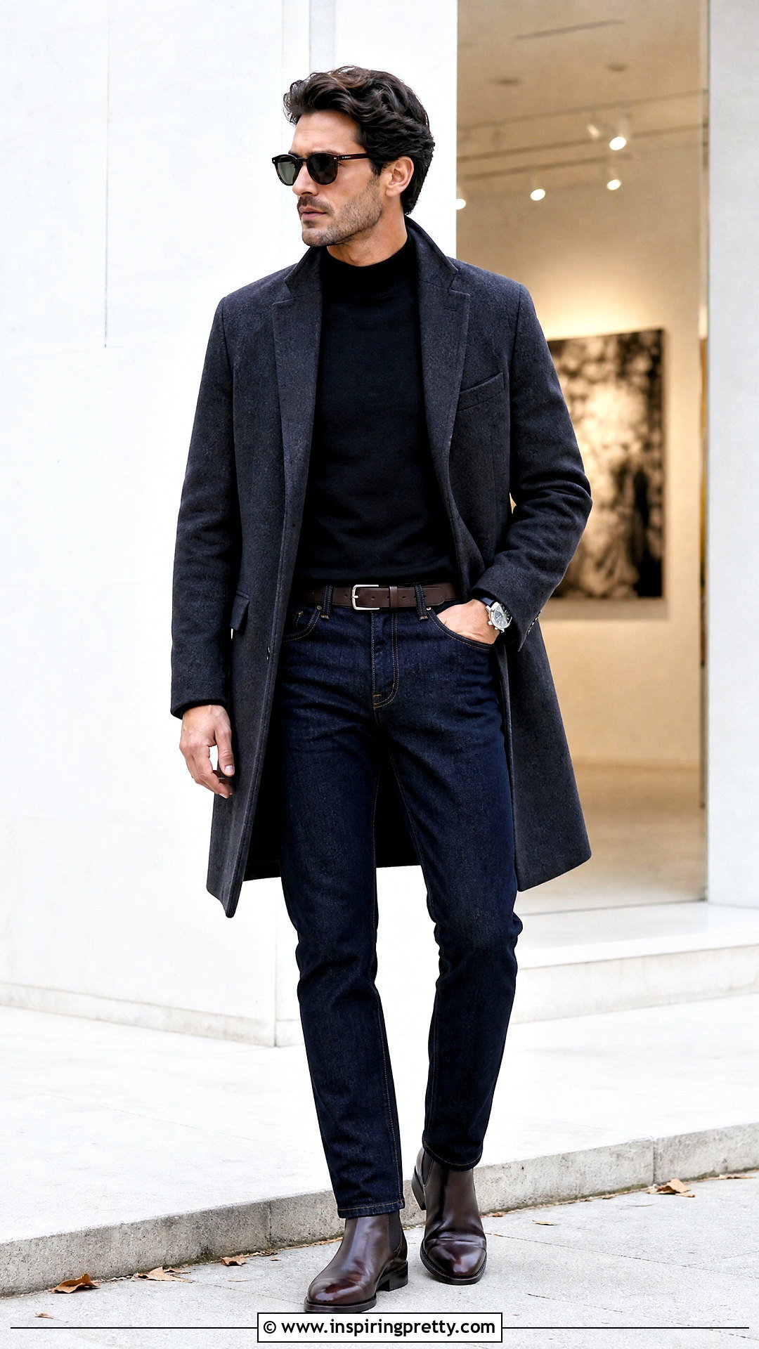 Black Mock Neck Sweater With Dark Jeans And Dress Boots - 25 Black Top With Jeans Men