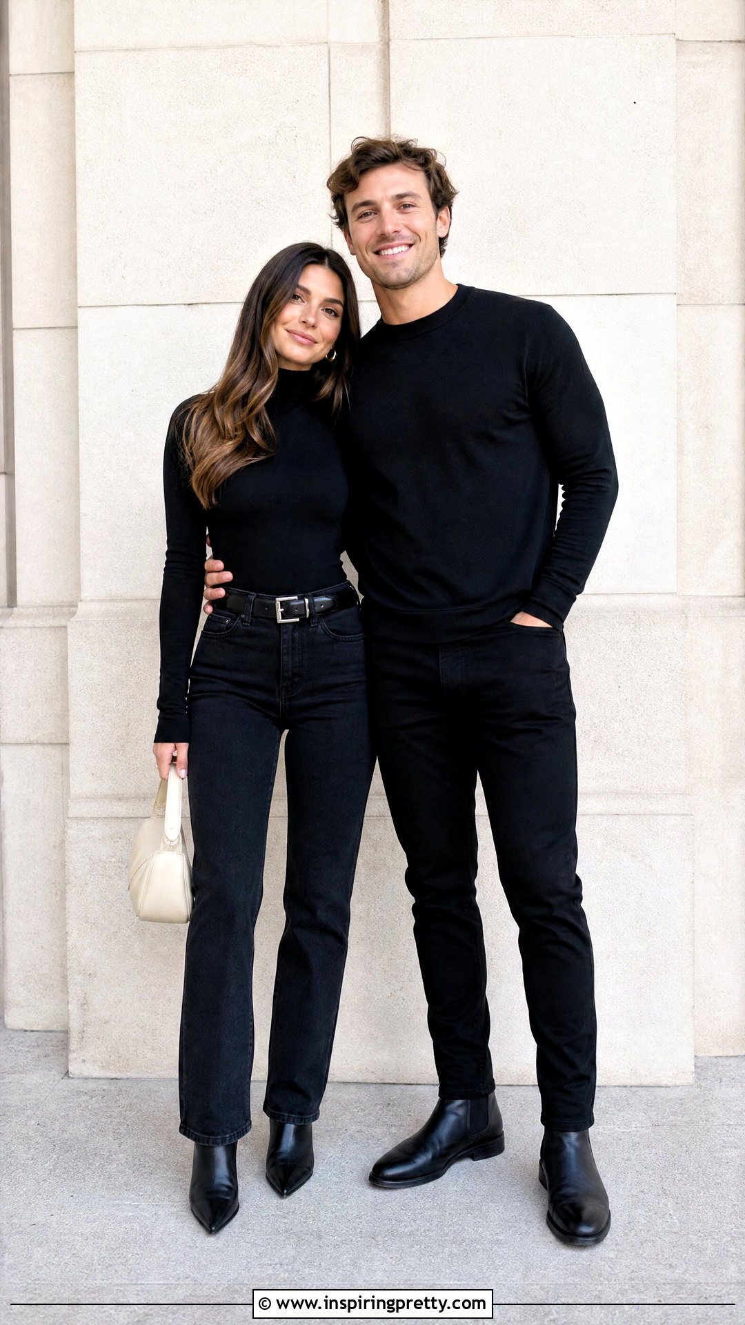 Black Mock Neck Top And Black Jeans Engagement Outfit - 25 black top and jeans engagement photos