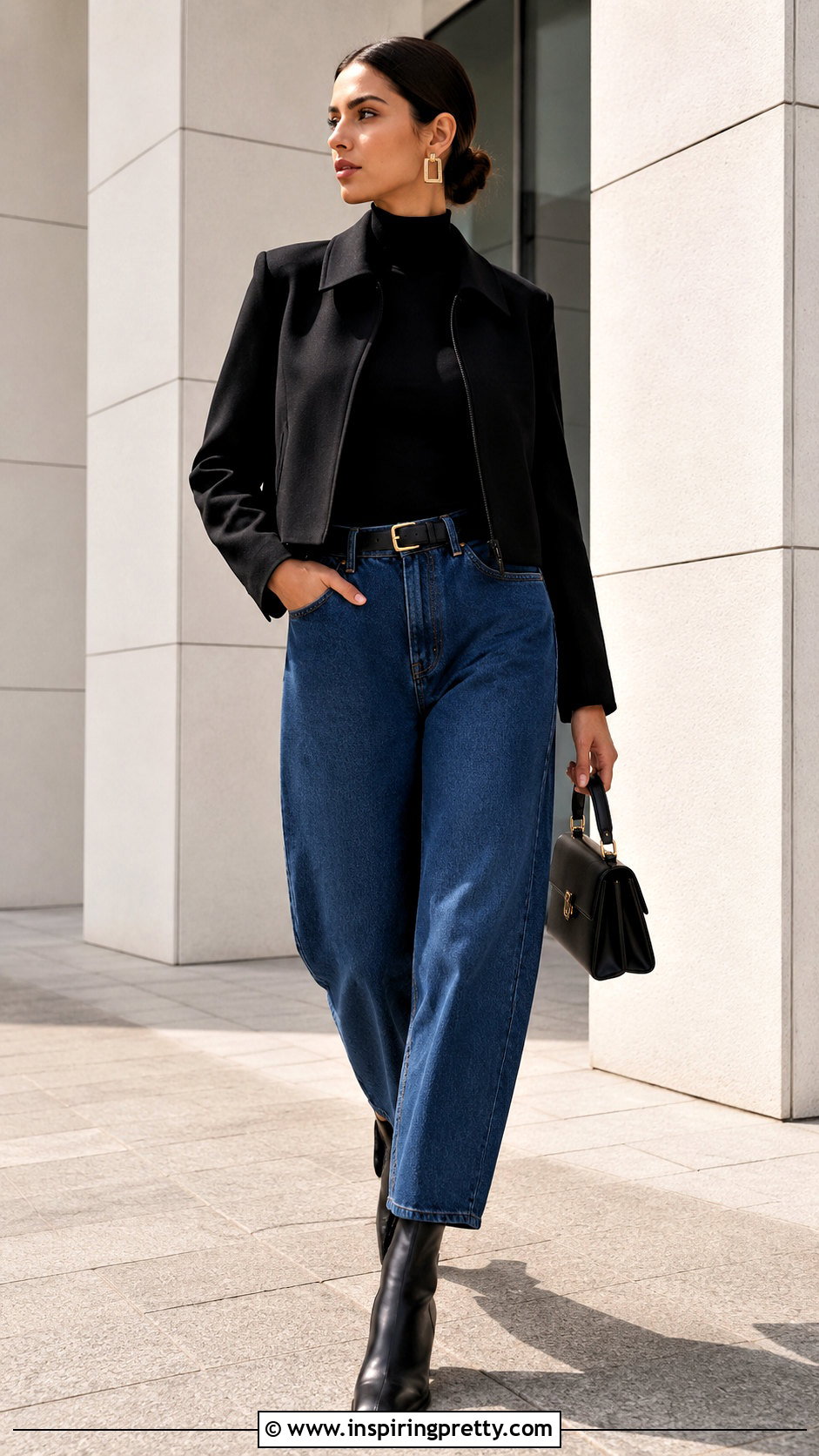 Black Mock Neck Top Blue Barrel Jeans Black Square Toe Boots - 25 black top blue jeans black boots