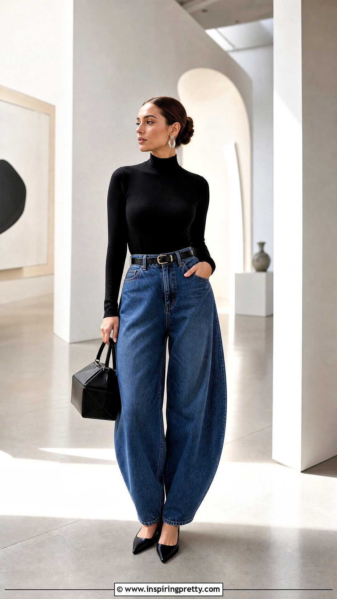 Black Mock Neck Top With Barrel Blue Jeans - 50 blue jeans black top outfit ideas