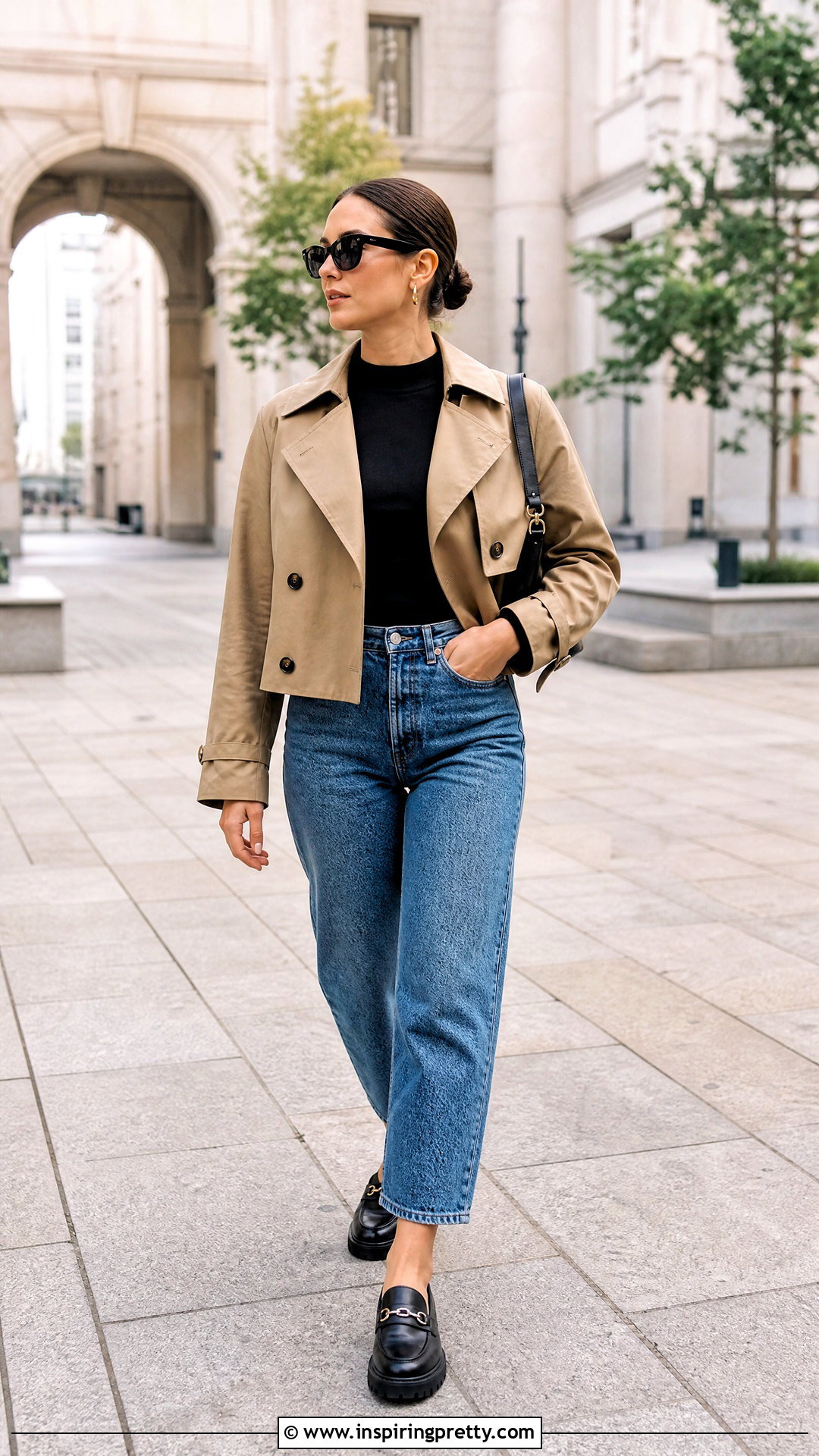 Black Mock Neck Top With Barrel Jeans And Loafers - 50 black top and blue jeans outfit ideas