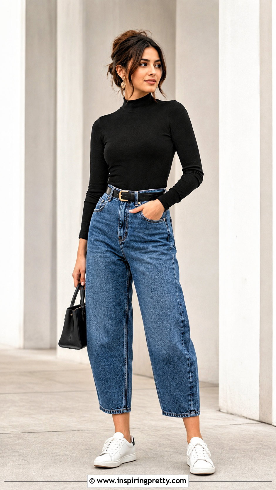 Black Mock Neck Top With Barrel Jeans And Slim Sneakers - 25 Black Top With Jeans And Sneakers