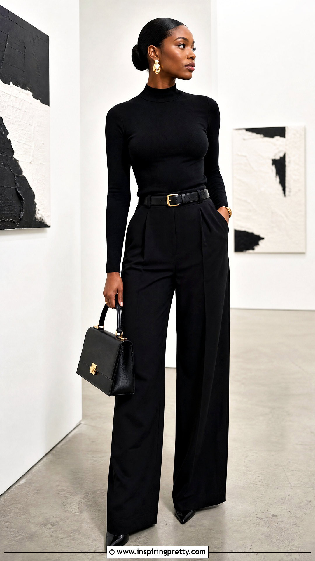 Black Mock Neck Top With Black Wide Leg Pants - 25 Black Tops Black Women