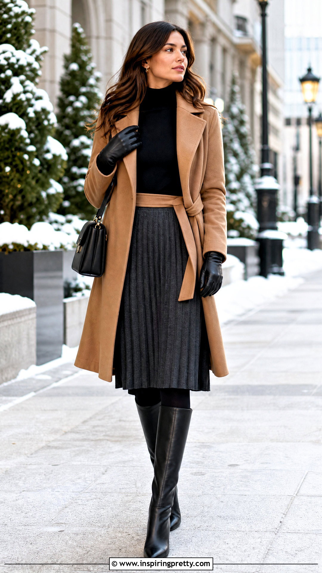 Black Mock Neck Top With Wool Gloves And Pleated Skirt - 25 Black Top With Gloves