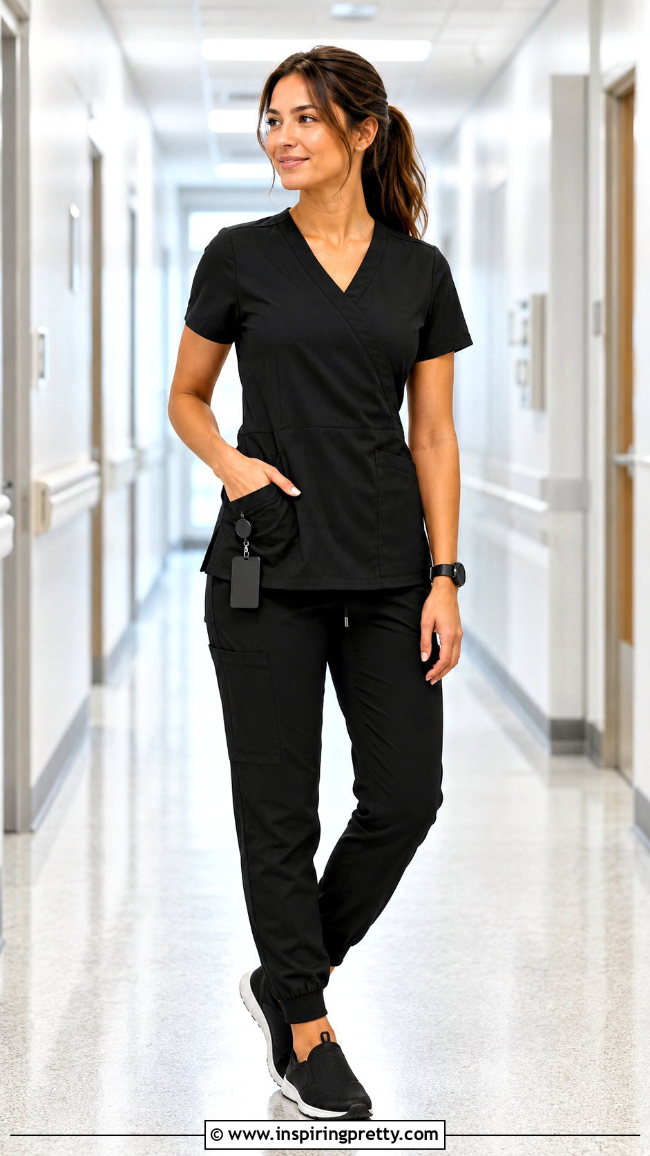 Black Mock Wrap Nurse Scrub Top With Jogger Pants - 25 nurses uniform tops outfit ideas