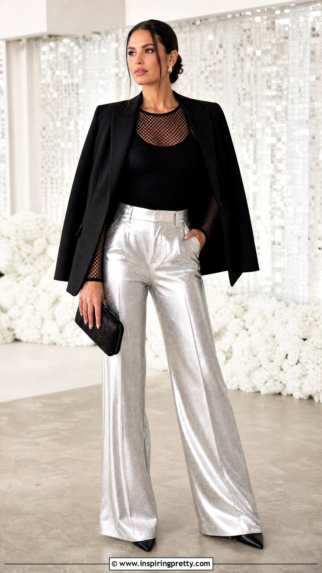 Black Net Top With Metallic Pants - 50 black net top outfit ideas