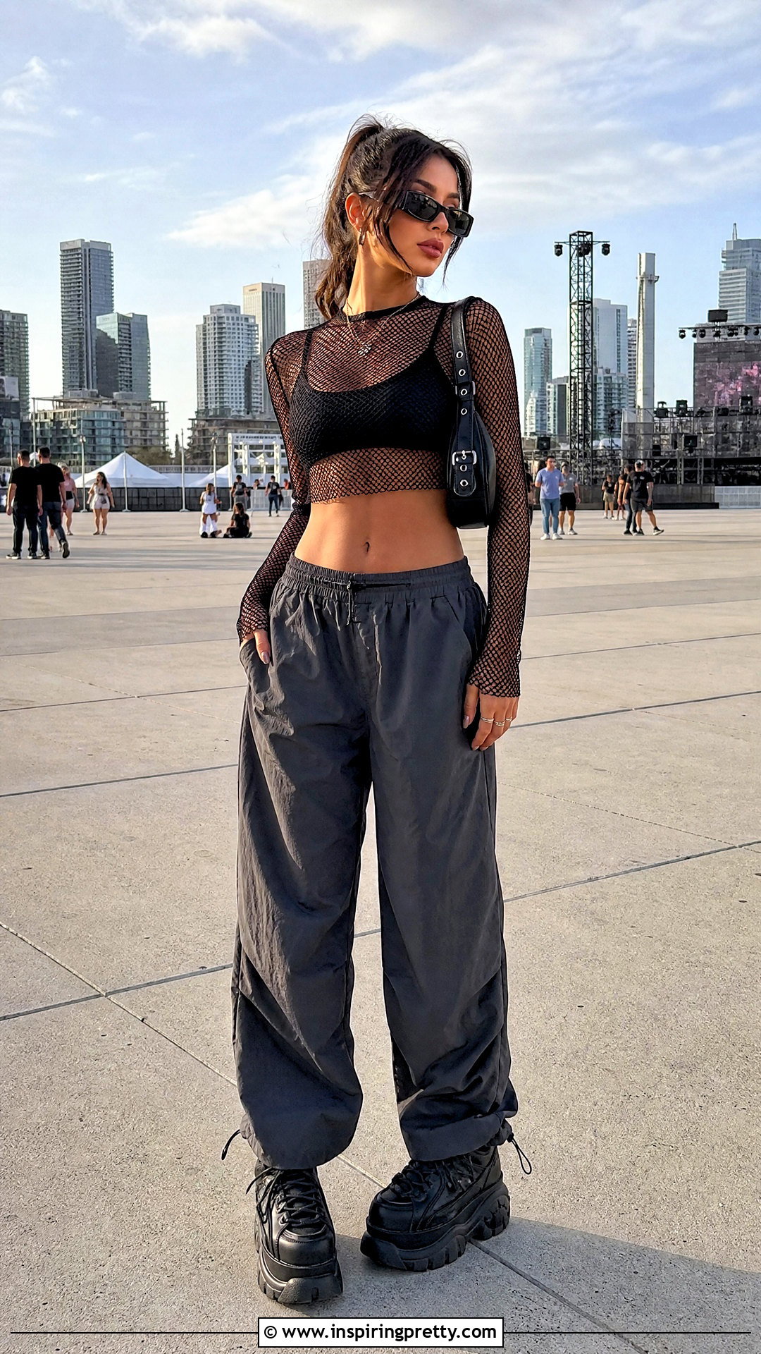 Black Net Top With Parachute Pants - 50 black net top outfit ideas