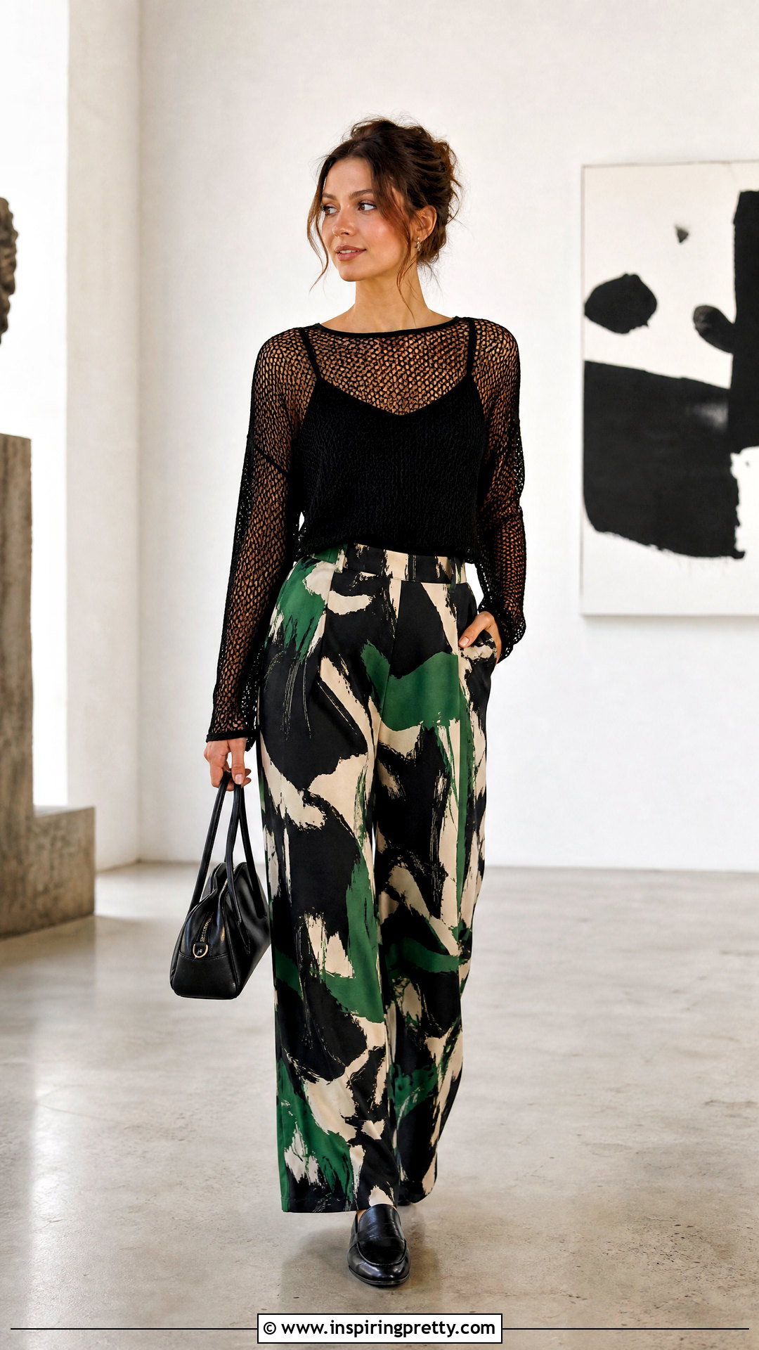 Black Net Top With Printed Pants - 50 black net top outfit ideas