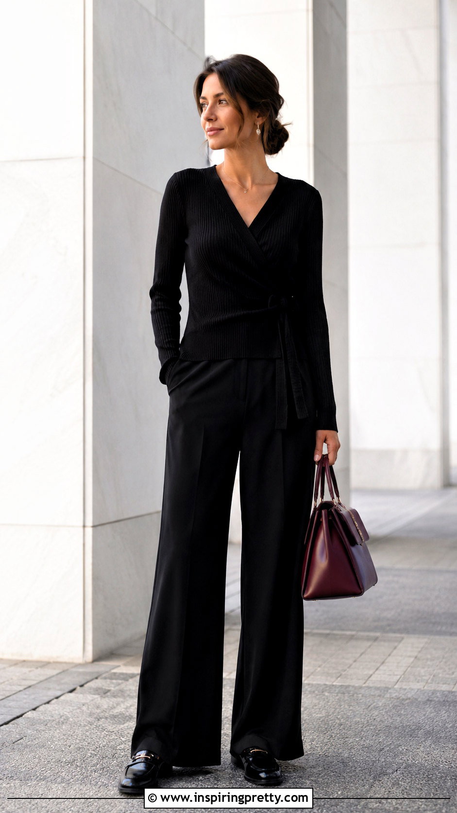 Black Nursing Wrap Top With Black Trousers - 20 nursing wrap top outfit ideas