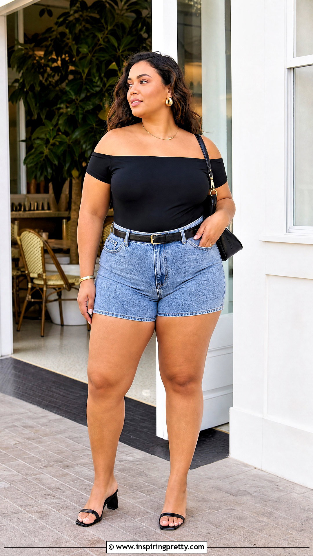 Black Off Shoulder Bodysuit With Denim Shorts - 20 black off-shoulder top with denim shorts