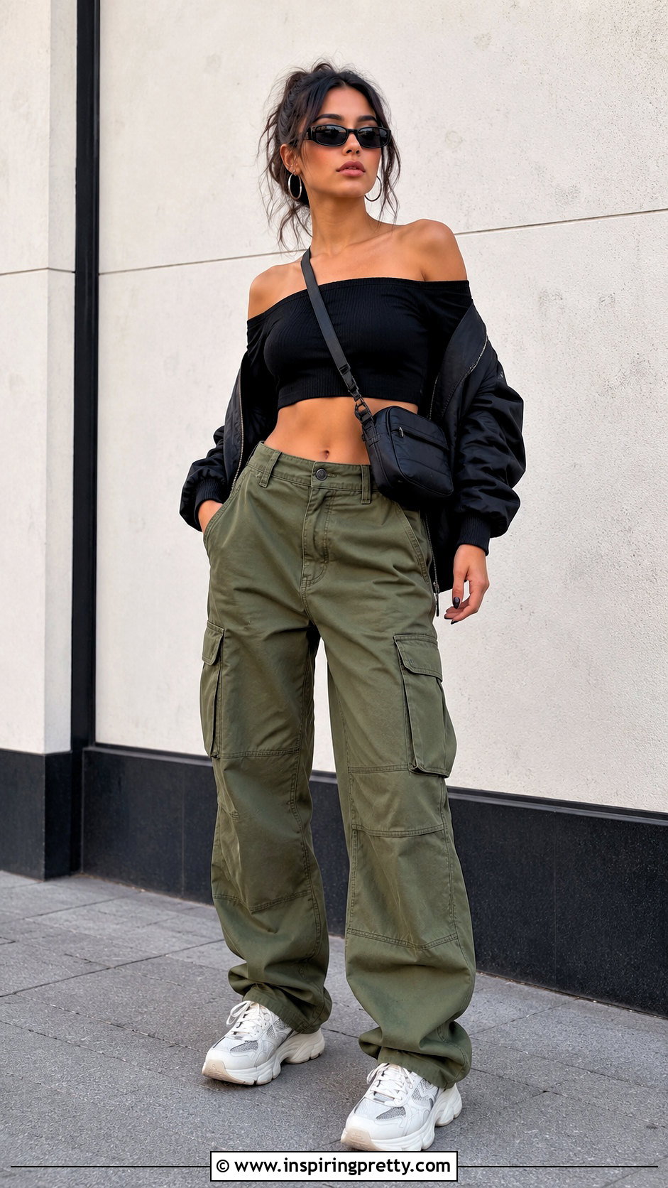 Black Off Shoulder Crop Top With Cargo Pants - 20 Off-Shoulder Crop Top Fashion ideas