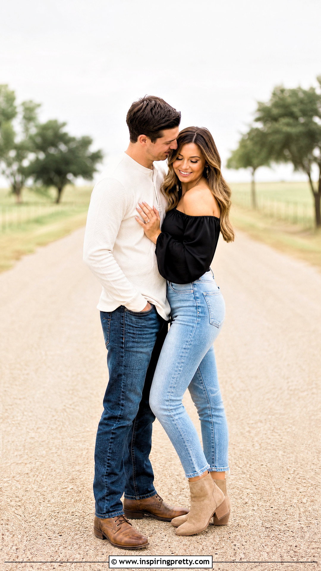 Black Off Shoulder Top And Light Wash Jeans Engagement Outfit - 25 black top and jeans engagement photos