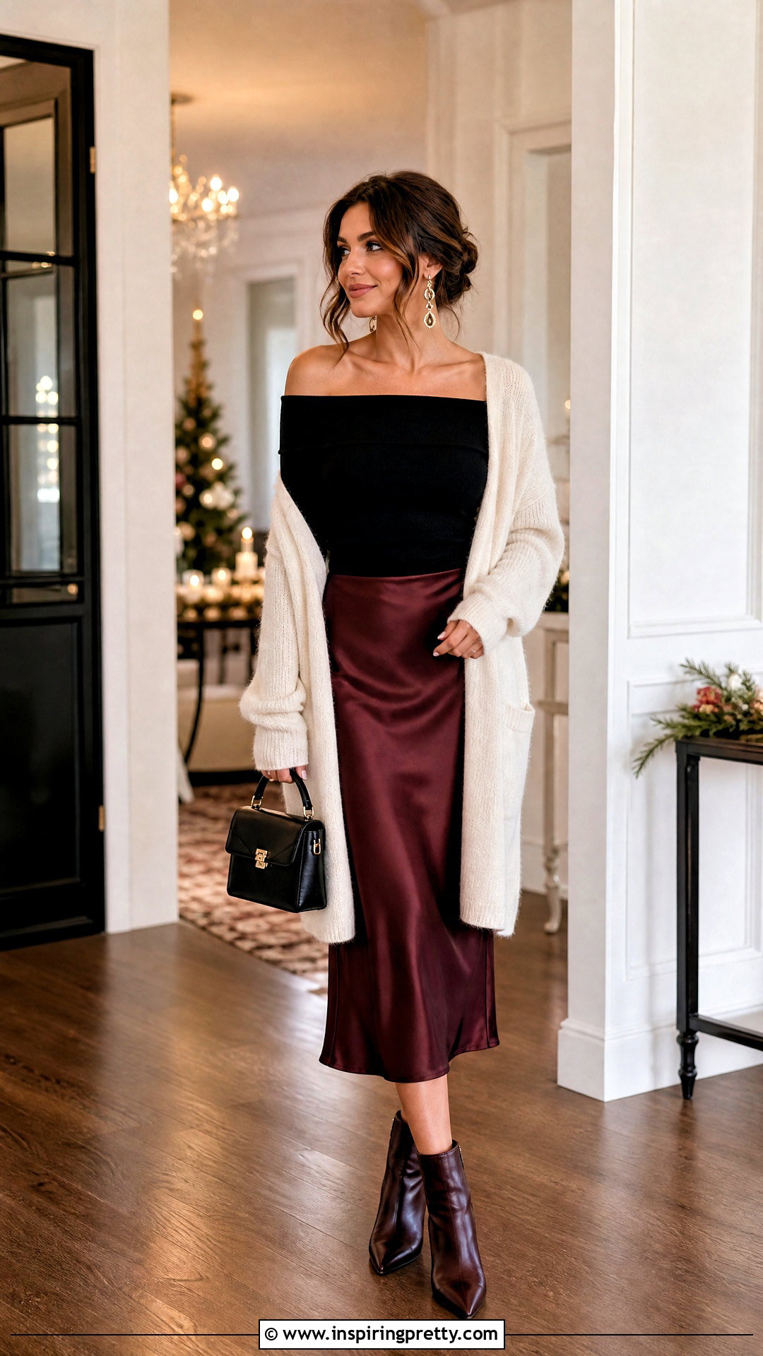 Black Off Shoulder Top With Cardigan And Satin Skirt - 50 black off shoulder top outfit ideas