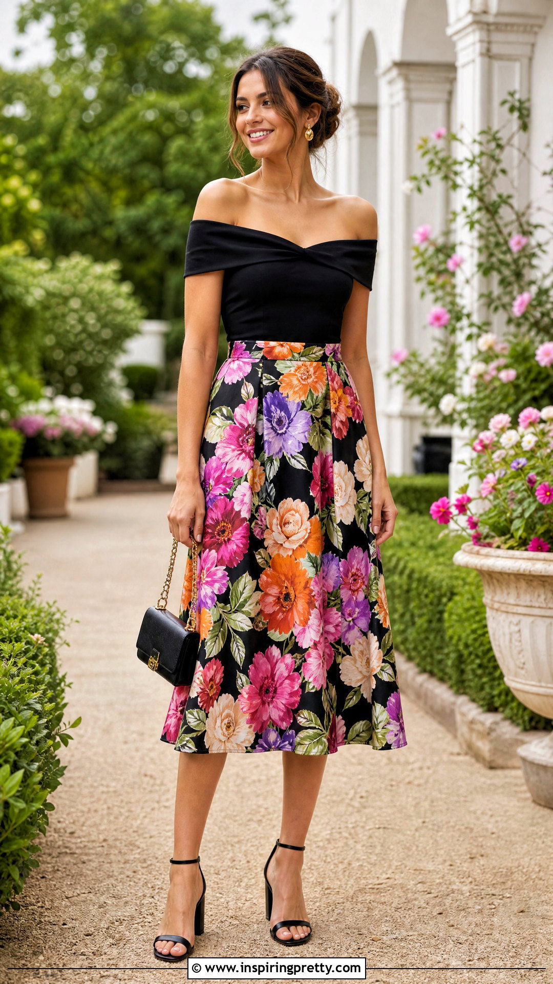 Black Off Shoulder Top With Floral Midi Skirt - 50 black off shoulder top outfit ideas