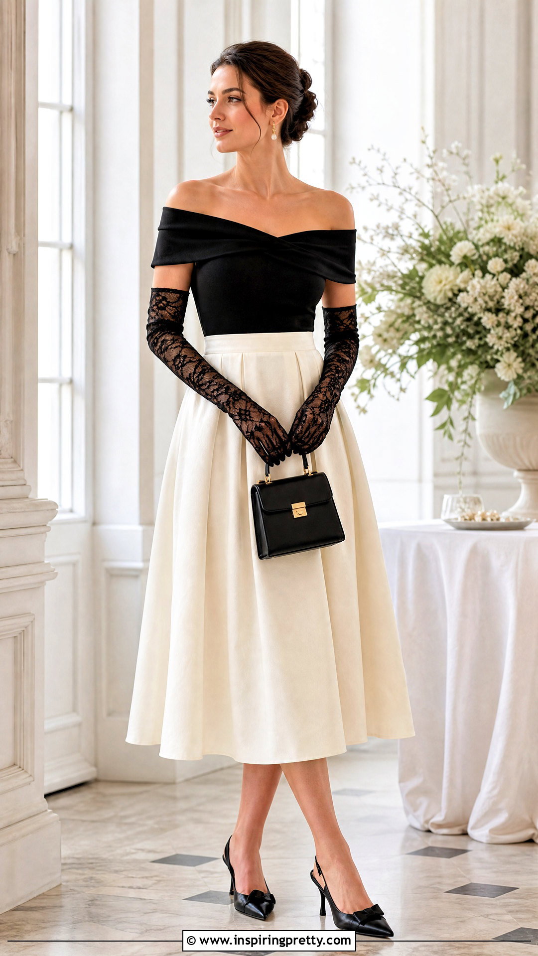 Black Off Shoulder Top With Lace Gloves And Midi Skirt - 25 Black Top With Gloves