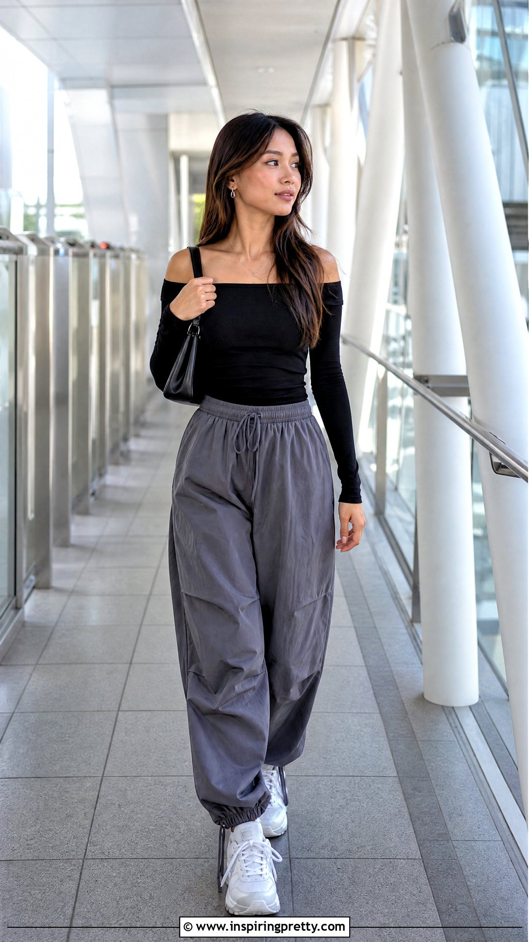Black Off Shoulder Top With Parachute Pants - 50 black off shoulder top outfit ideas