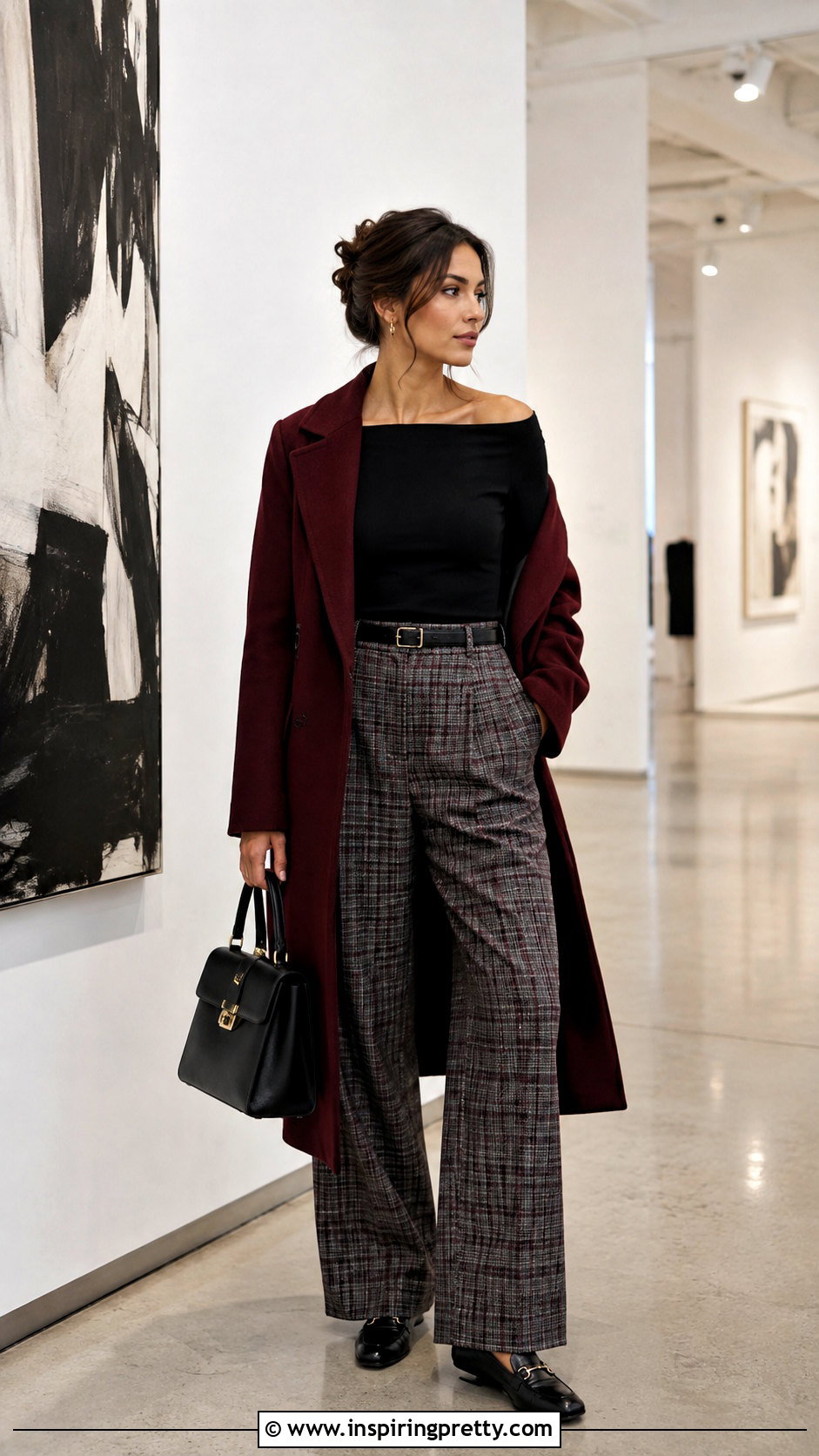 Black Off Shoulder Top With Plaid Trousers - 25 fall off the shoulder tops outfit ideas