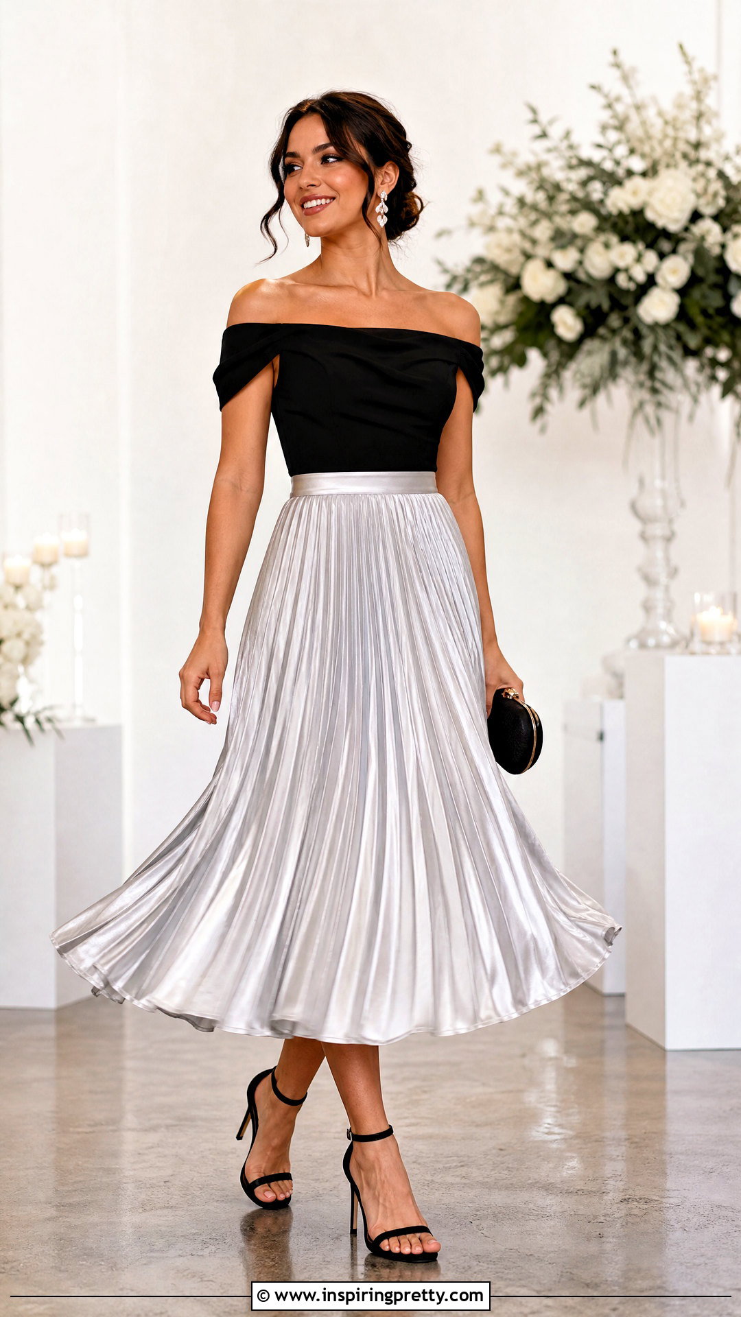 Black Off Shoulder Top With Pleated Midi Skirt - 50 black off shoulder top outfit ideas