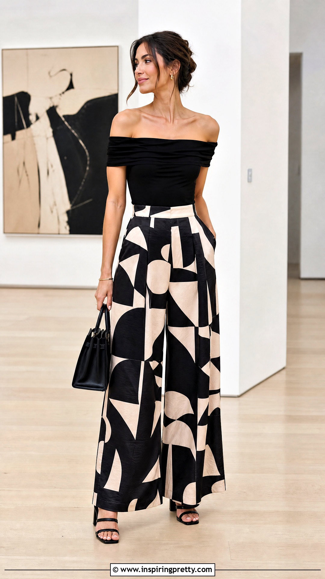 Black Off Shoulder Top With Printed Pants - 50 black off shoulder top outfit ideas